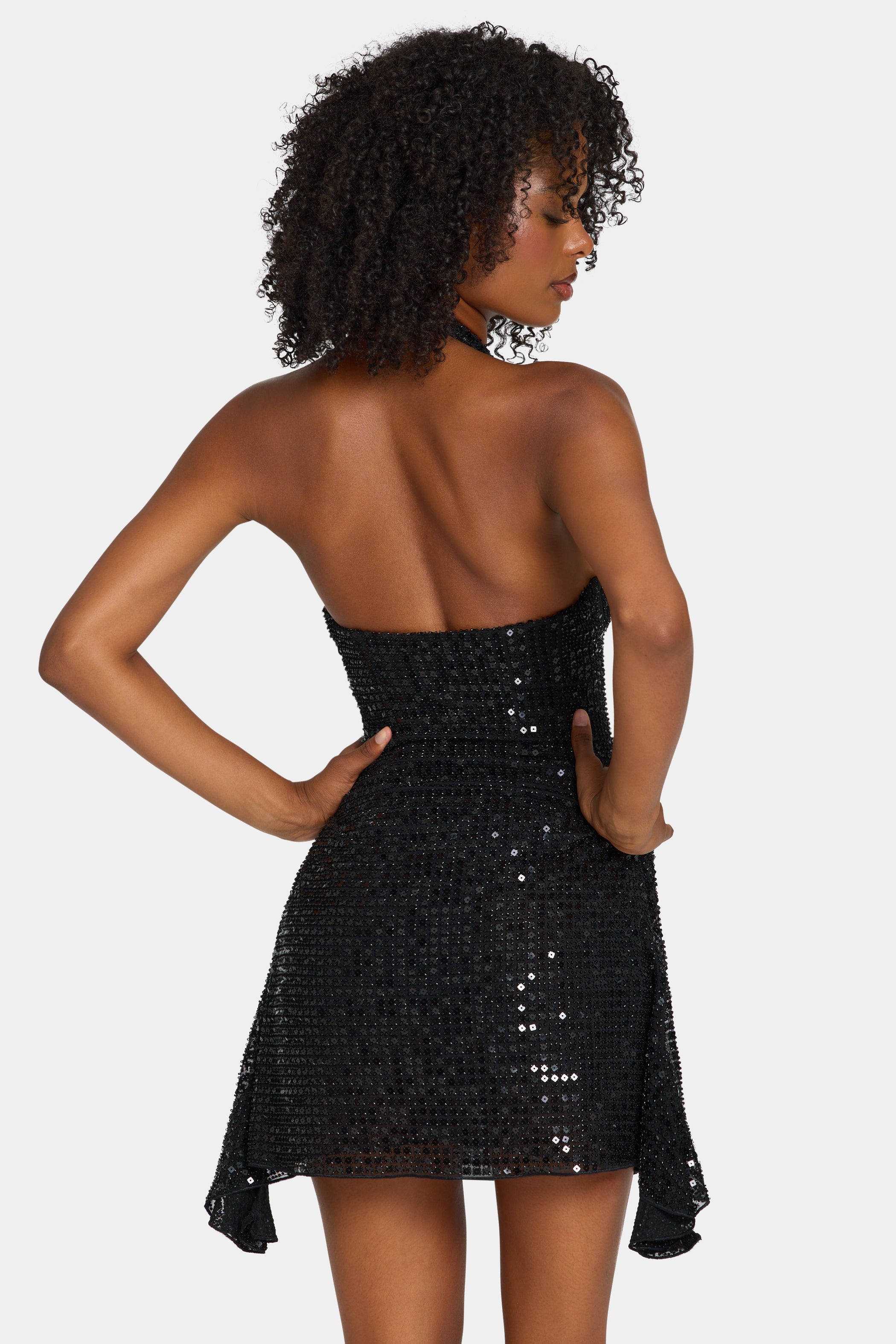 Embellished Draped Corset A-Line Mini Dress in Black