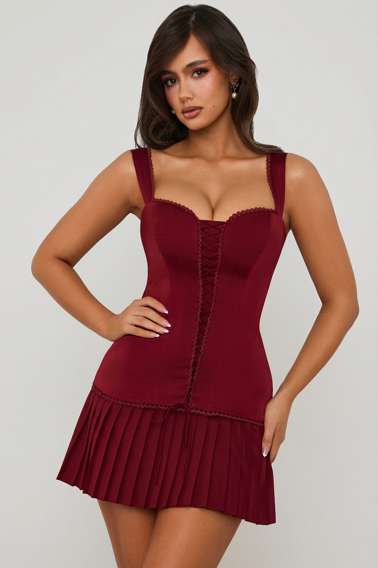 Bow-Detail Lace-Up Corset Mini Dress in Berry Red - 1