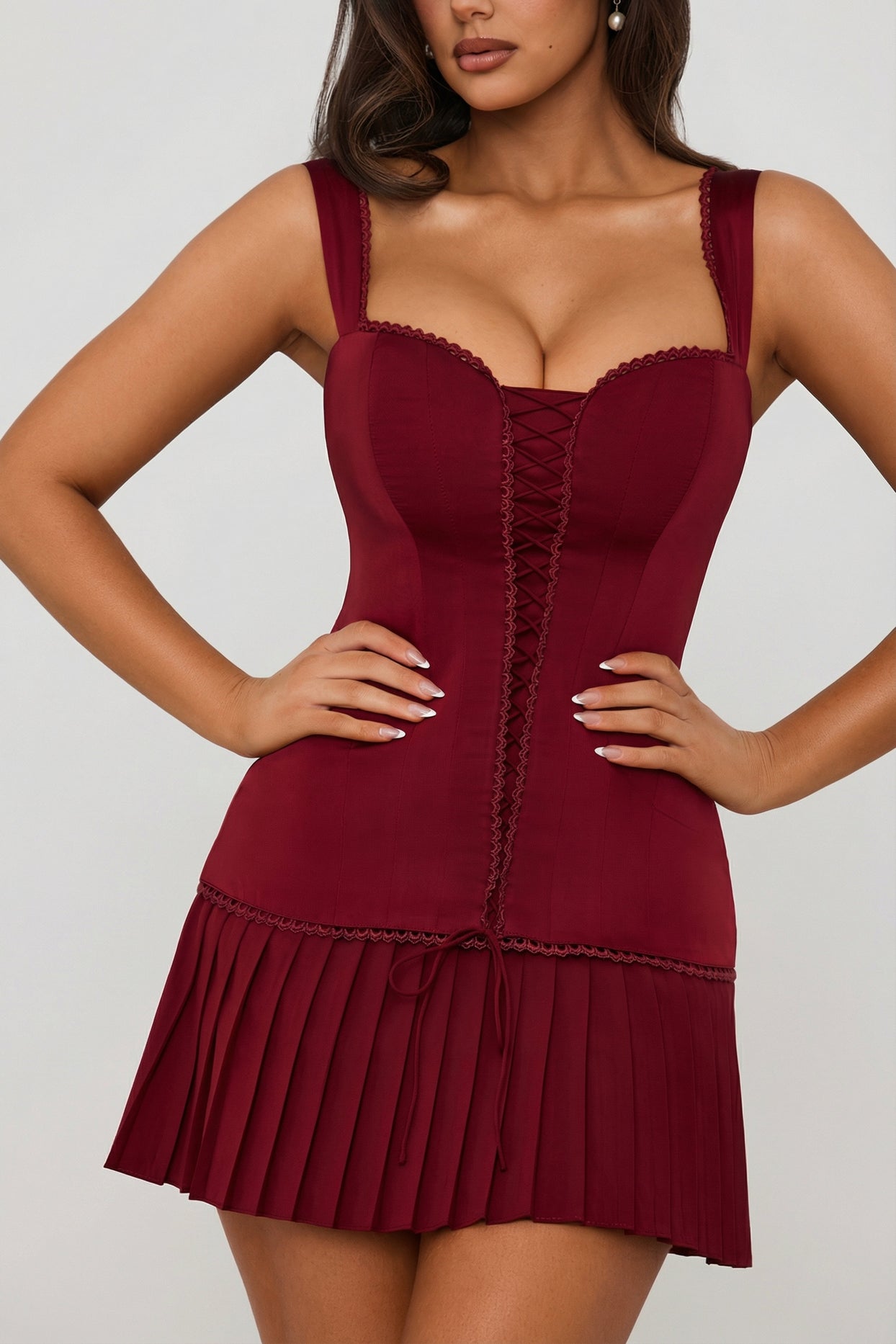 Bow-Detail Lace-Up Corset Mini Dress in Berry Red - 4