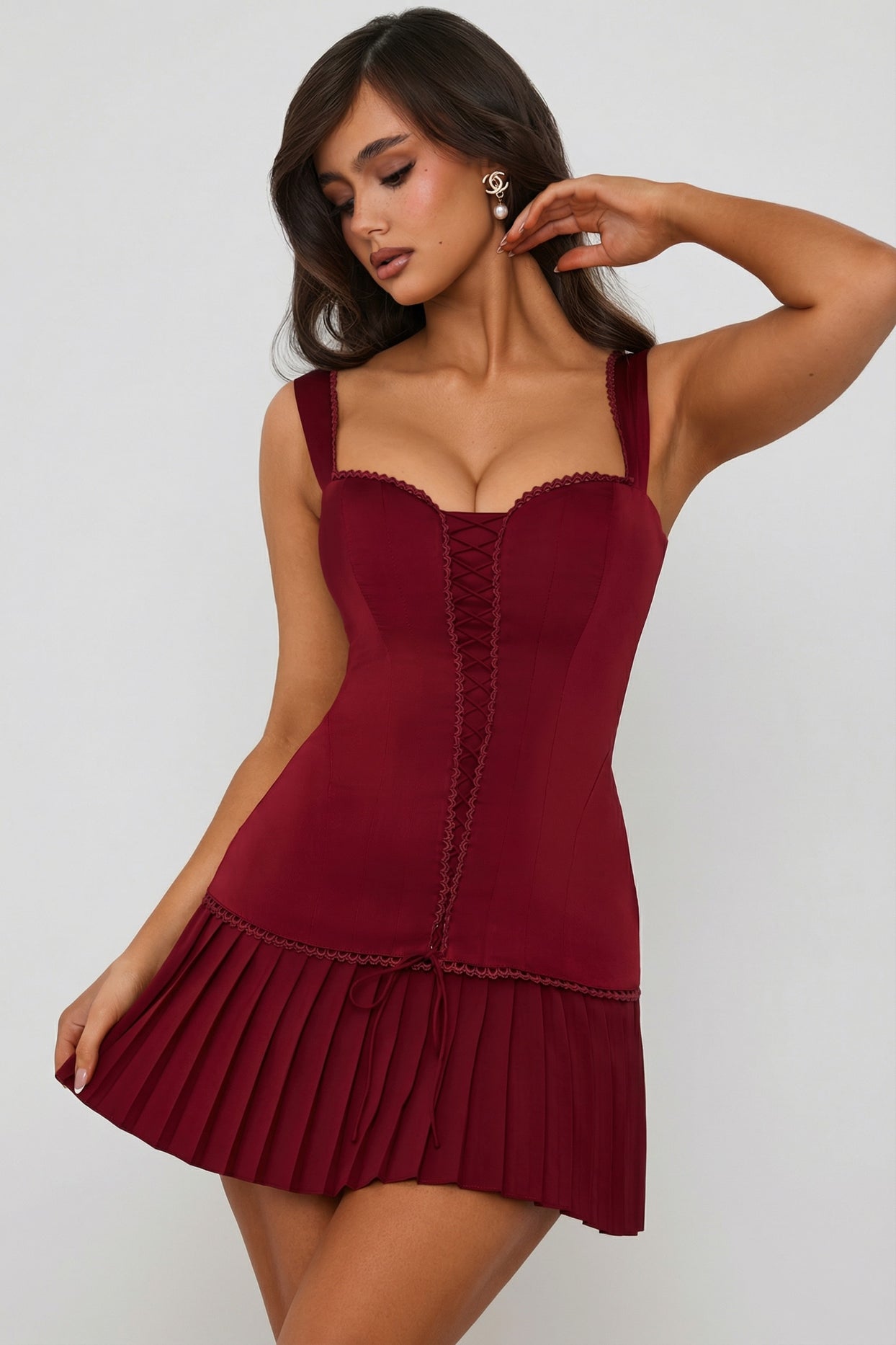 Bow-Detail Lace-Up Corset Mini Dress in Berry Red - 6