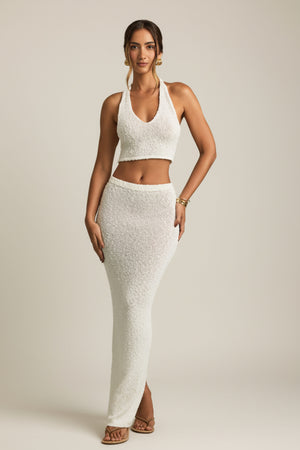 Bouclé Mid-Rise Maxi Skirt in White