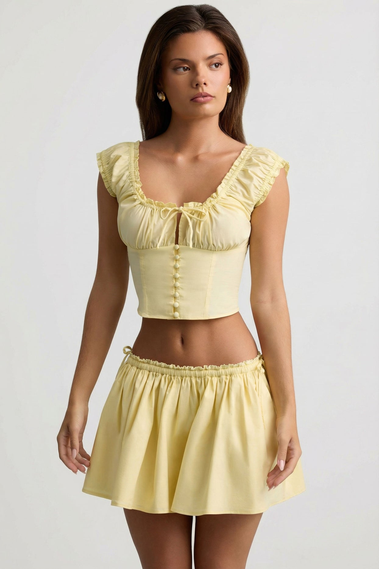 Ruched Cotton-Poplin Mini Skirt in Lemon Yellow - 6