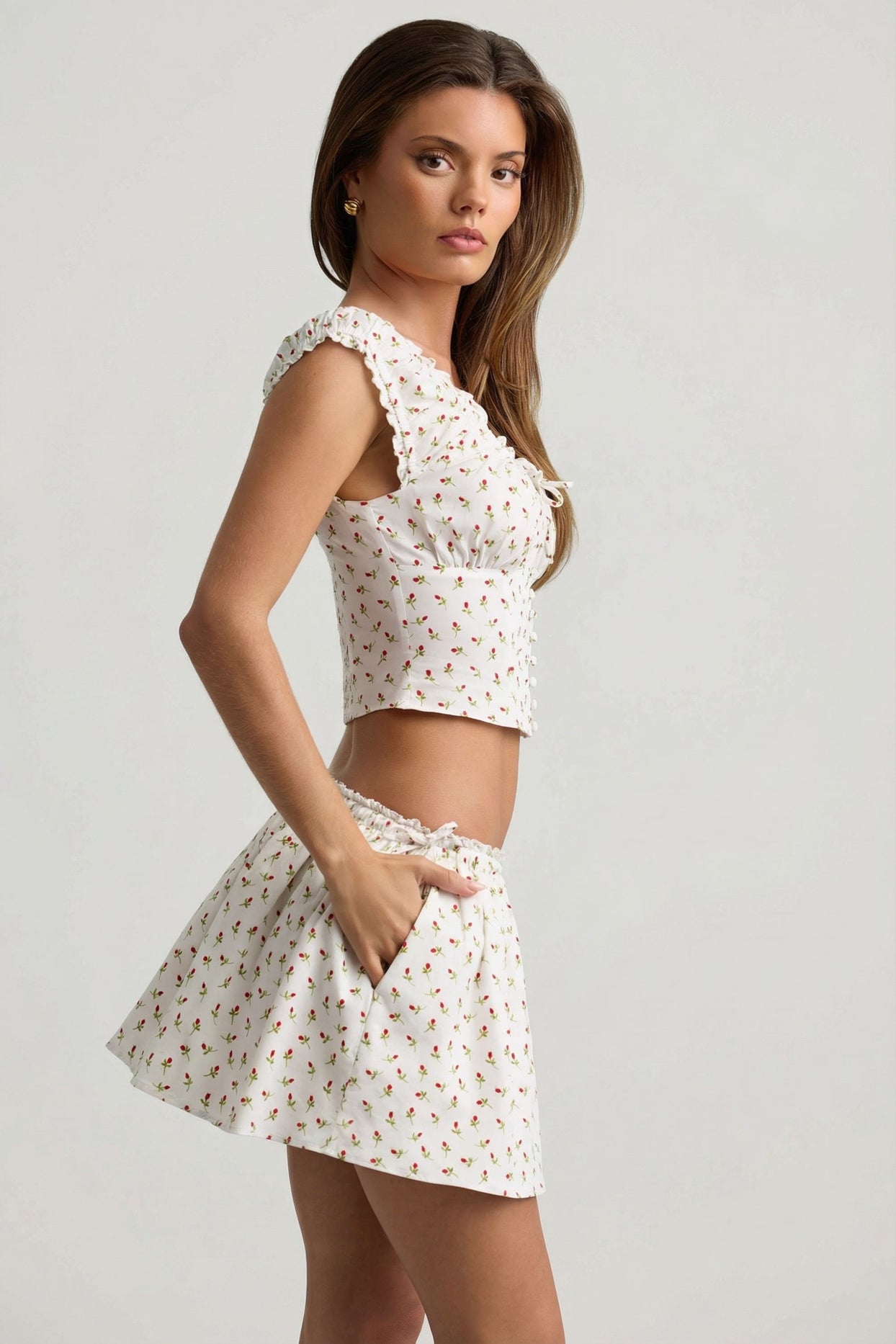 Ruched Cotton-Poplin Corset Top in Rose Print - 3