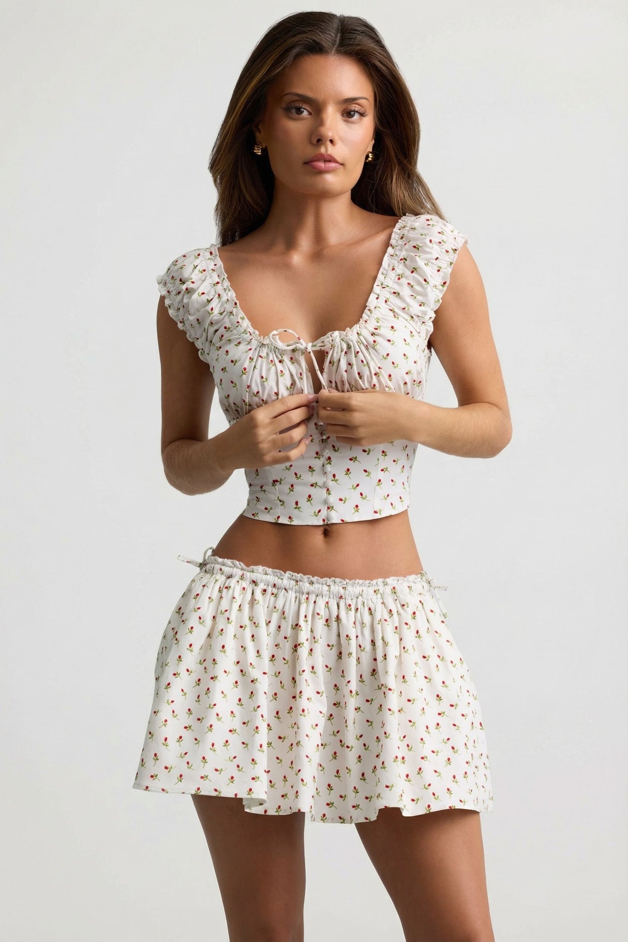 Ruched Cotton-Poplin Corset Top in Rose Print - 6