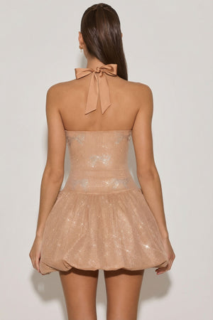 Oh Polly's Anna wearing the Felicity Mini Dress in Almond Mesh fabric perfect for cocktail date nights