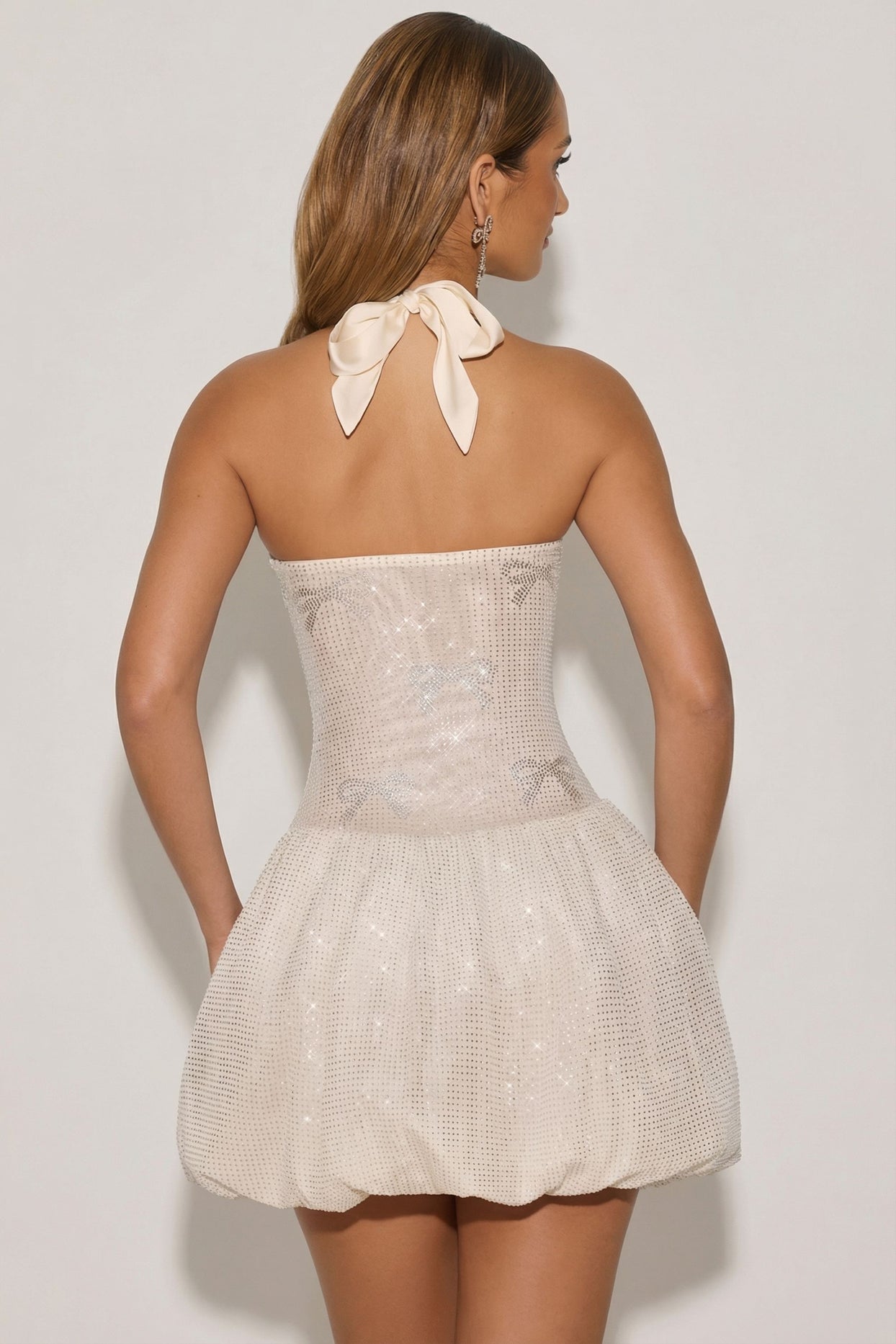 Embellished Halterneck Bubble Hem Mini Dress in Ivory - 8