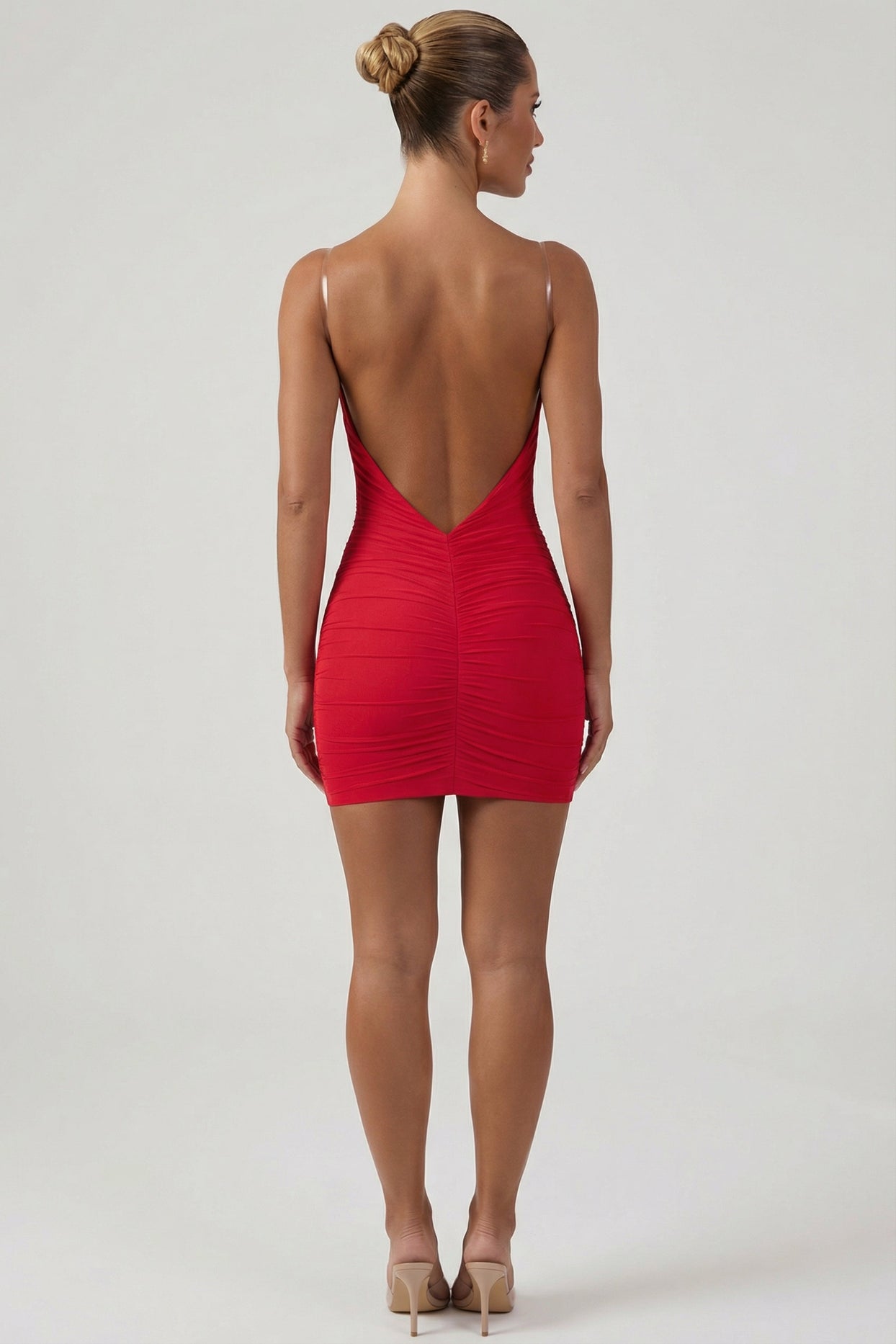 Ruched Backless Bodycon Mini Dress in Red - 2