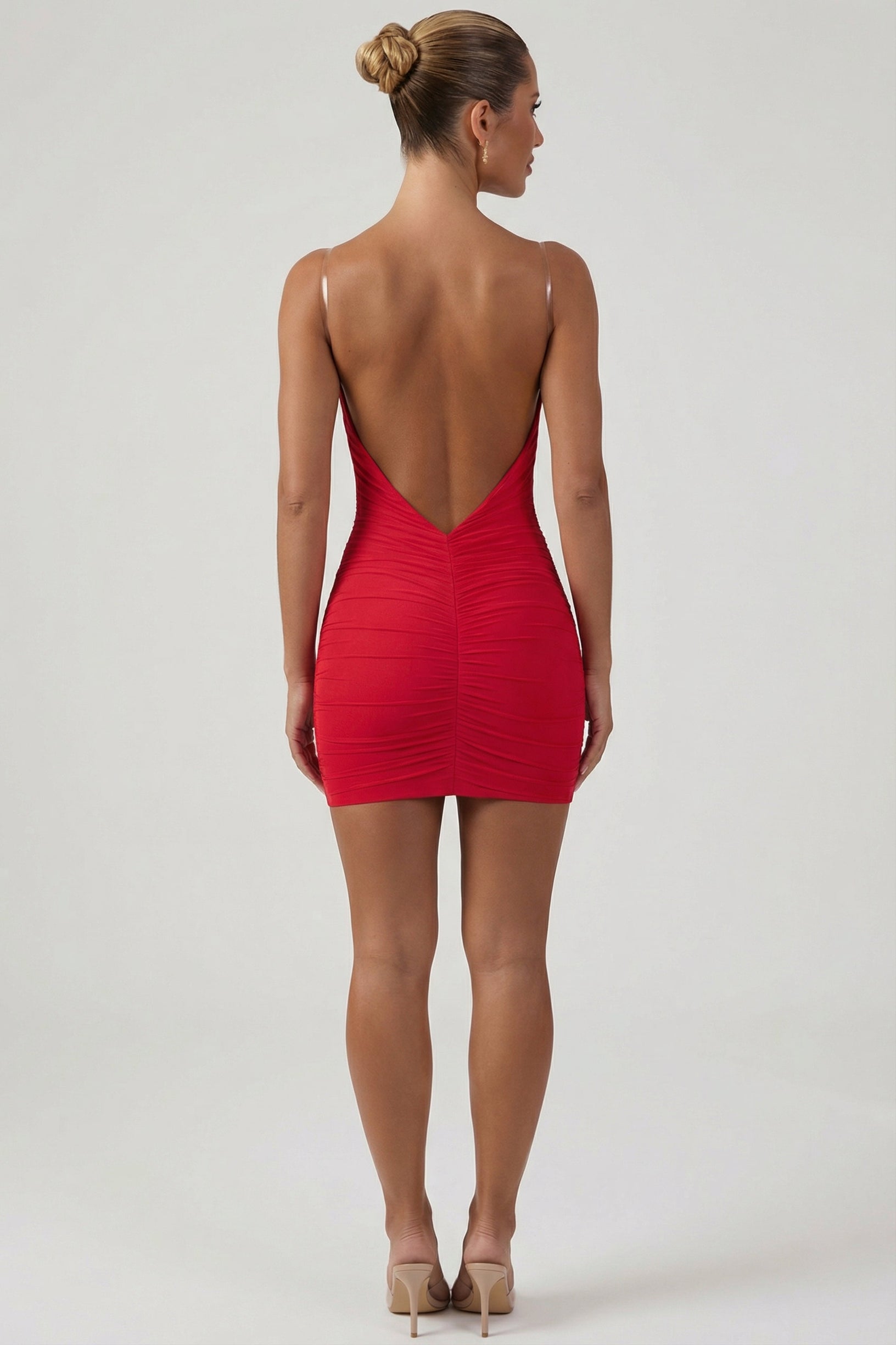 Ruched Backless Bodycon Mini Dress in Red - 2