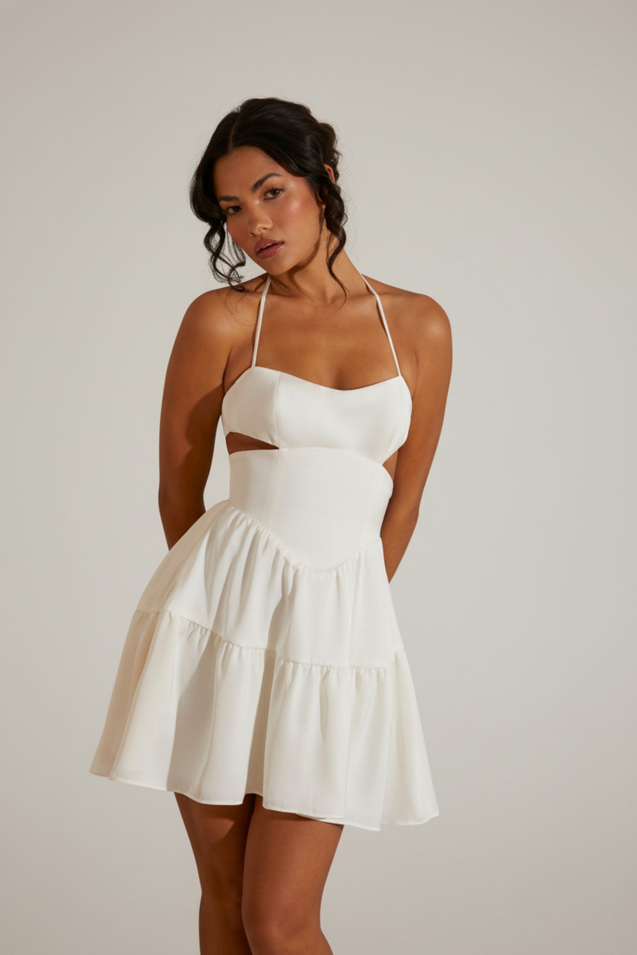 Halter Neck Cut Out Mini Dress in White - 1