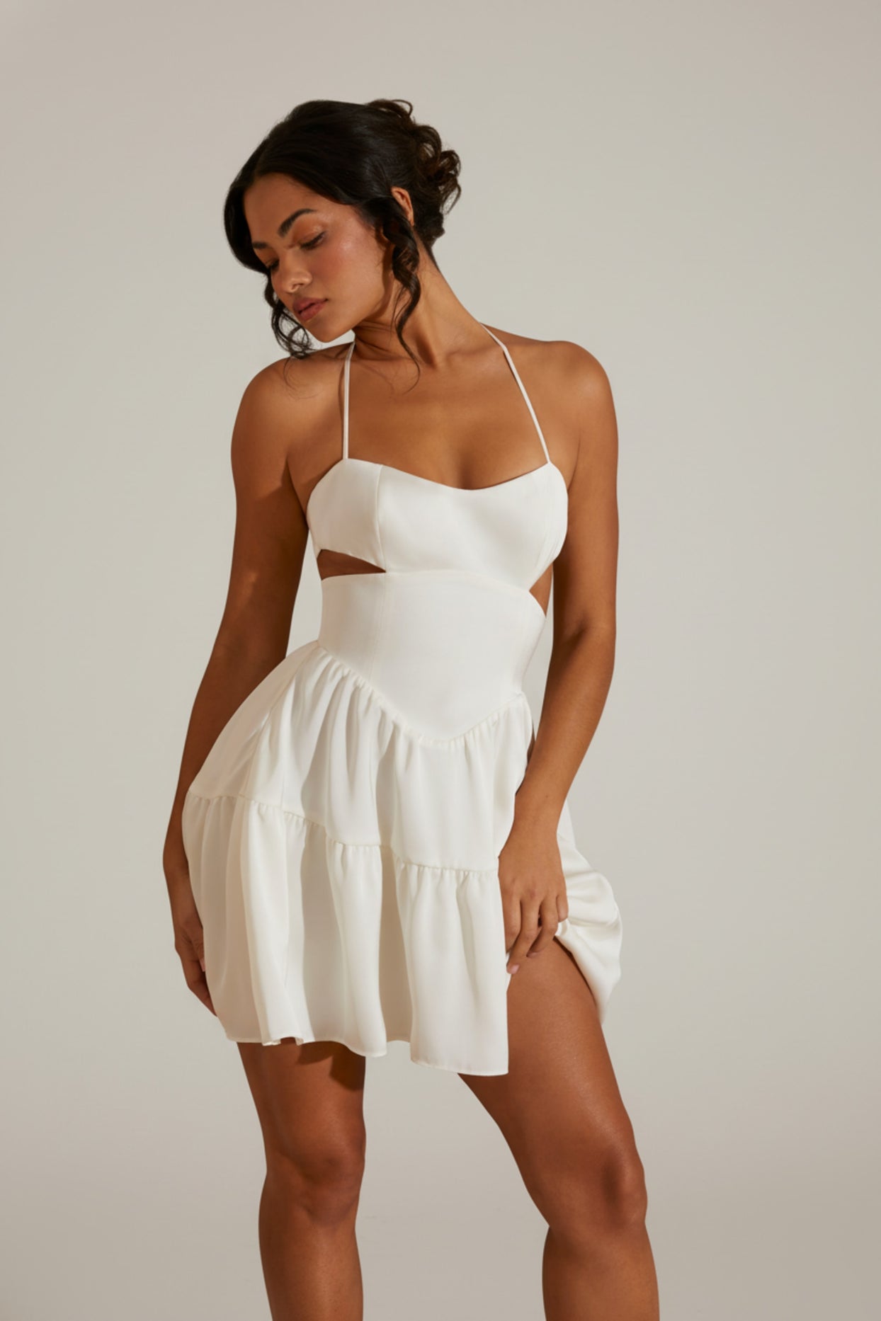 Halter Neck Cut Out Mini Dress in White - 5