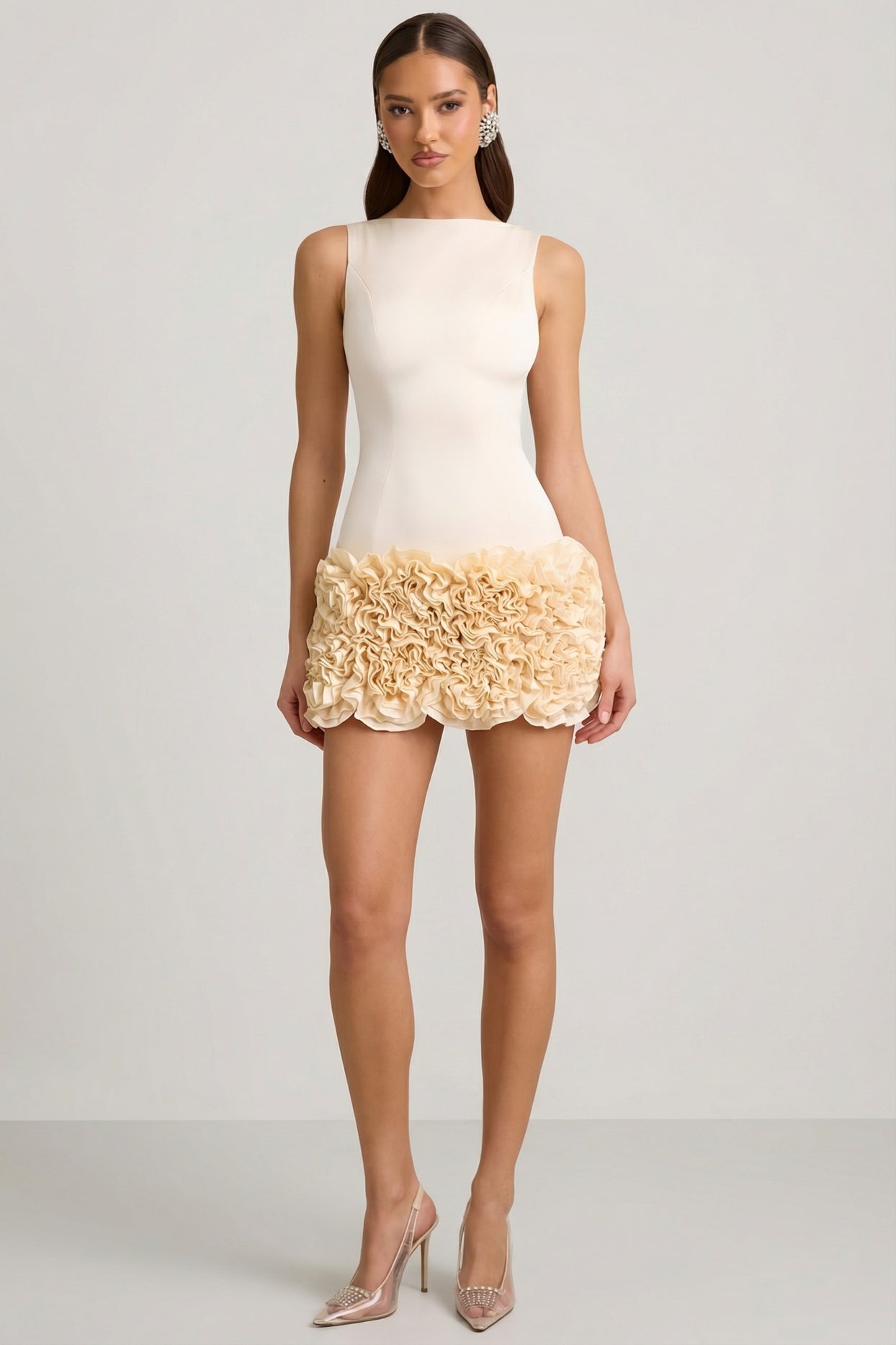 Satin Floral Appliqué Open-Back Mini Dress in Ivory - 5