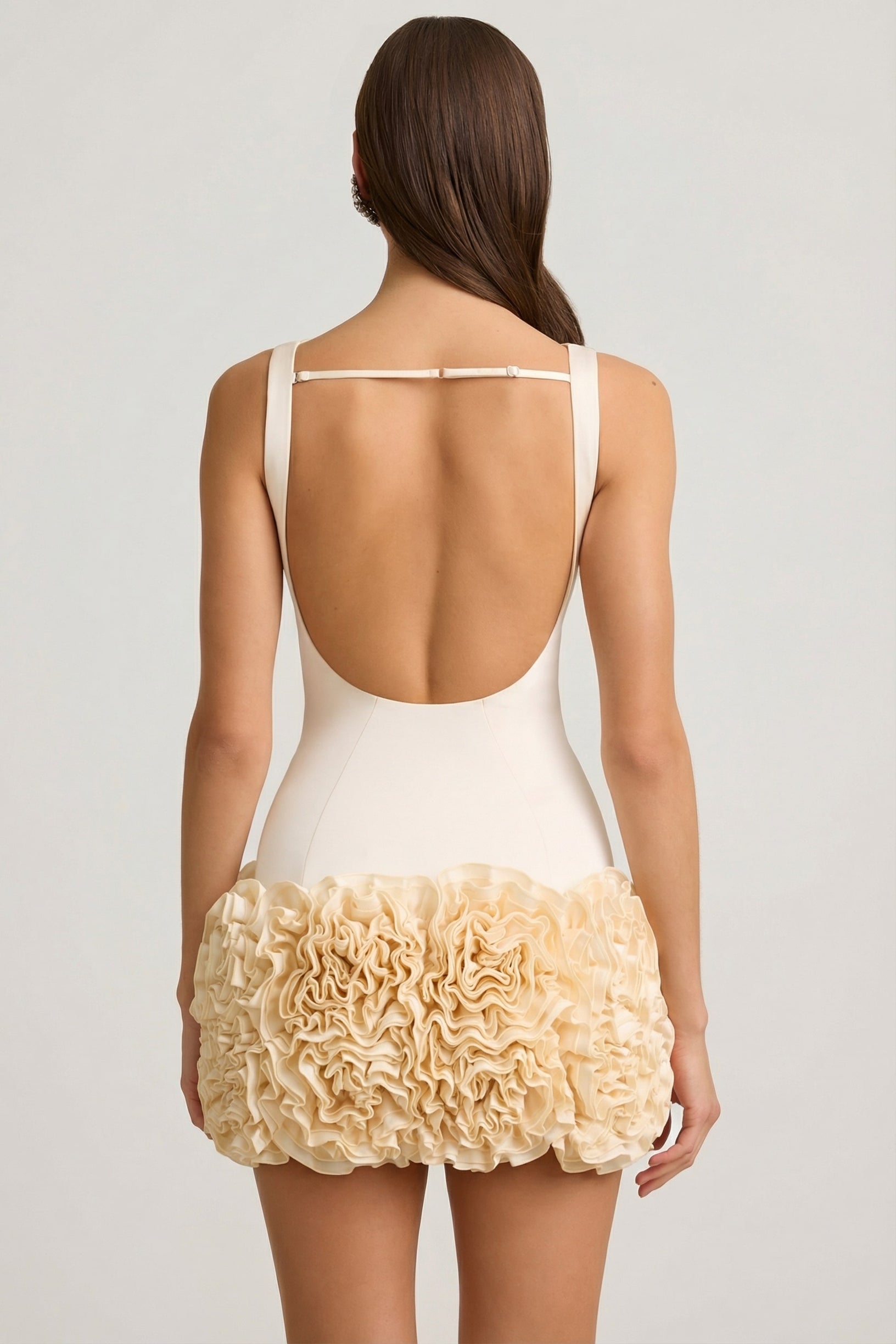 Satin Floral Appliqué Open-Back Mini Dress in Ivory - 2