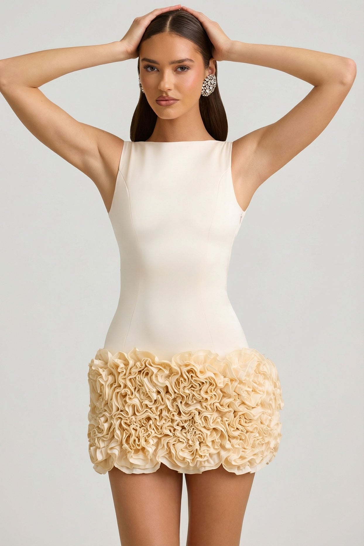 Satin Floral Appliqué Open-Back Mini Dress in Ivory - 9