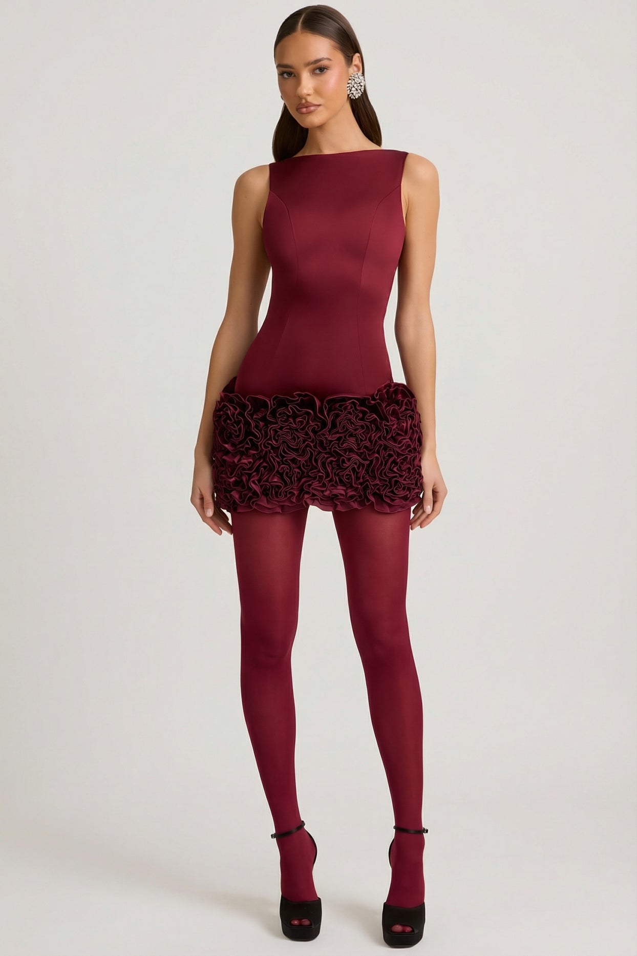 Satin Floral Appliqué Open-Back Mini Dress in Wine Red - 8