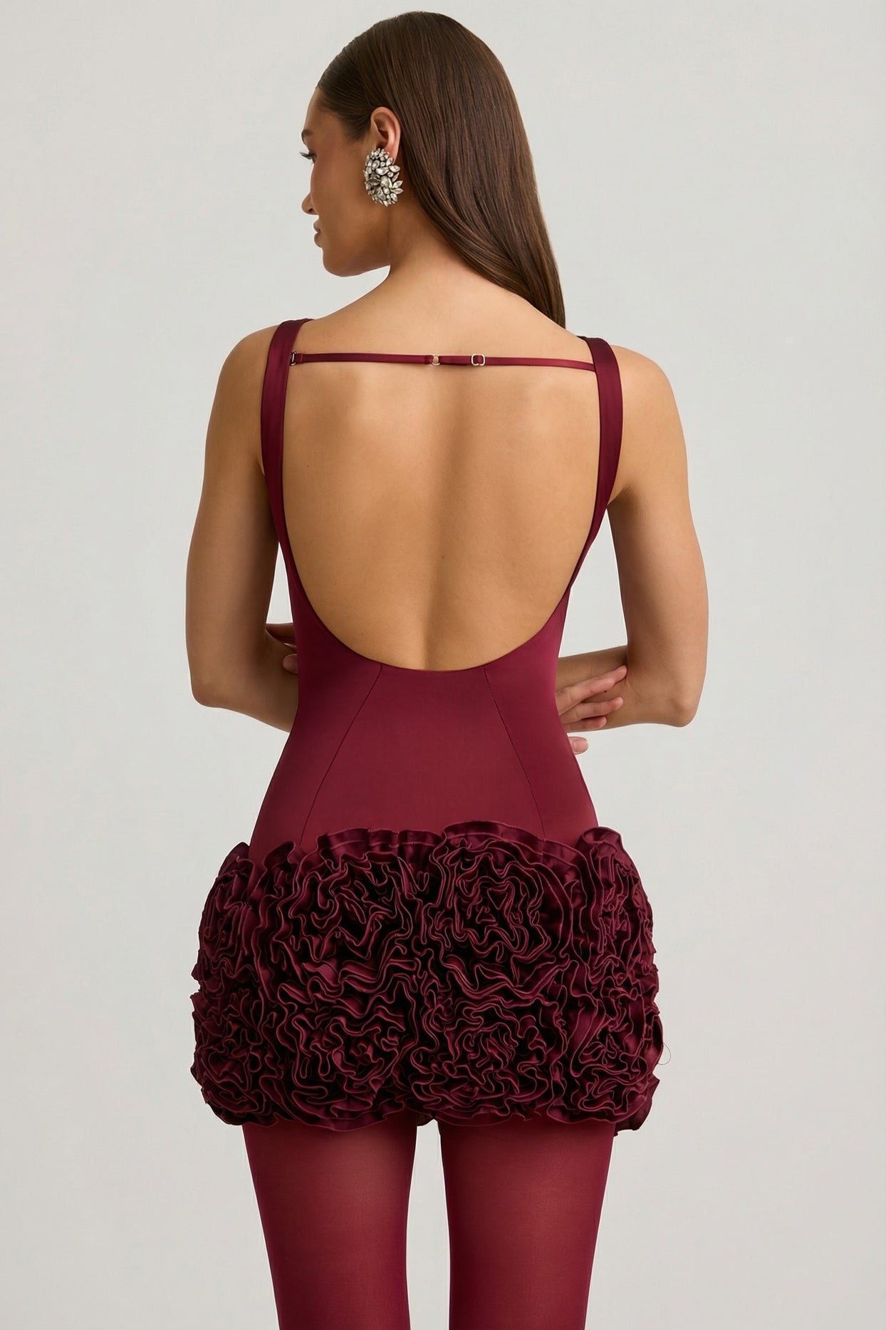 Satin Floral Appliqué Open-Back Mini Dress in Wine Red - 2