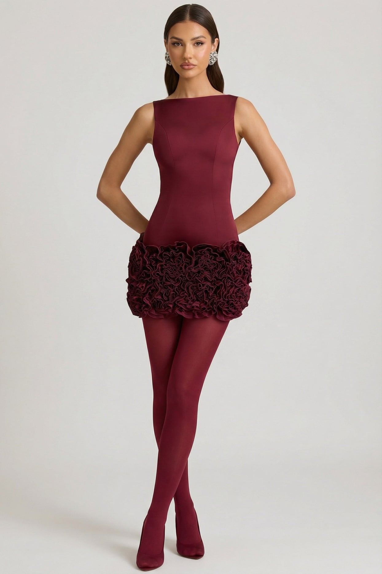 Satin Floral Appliqué Open-Back Mini Dress in Wine Red - 3