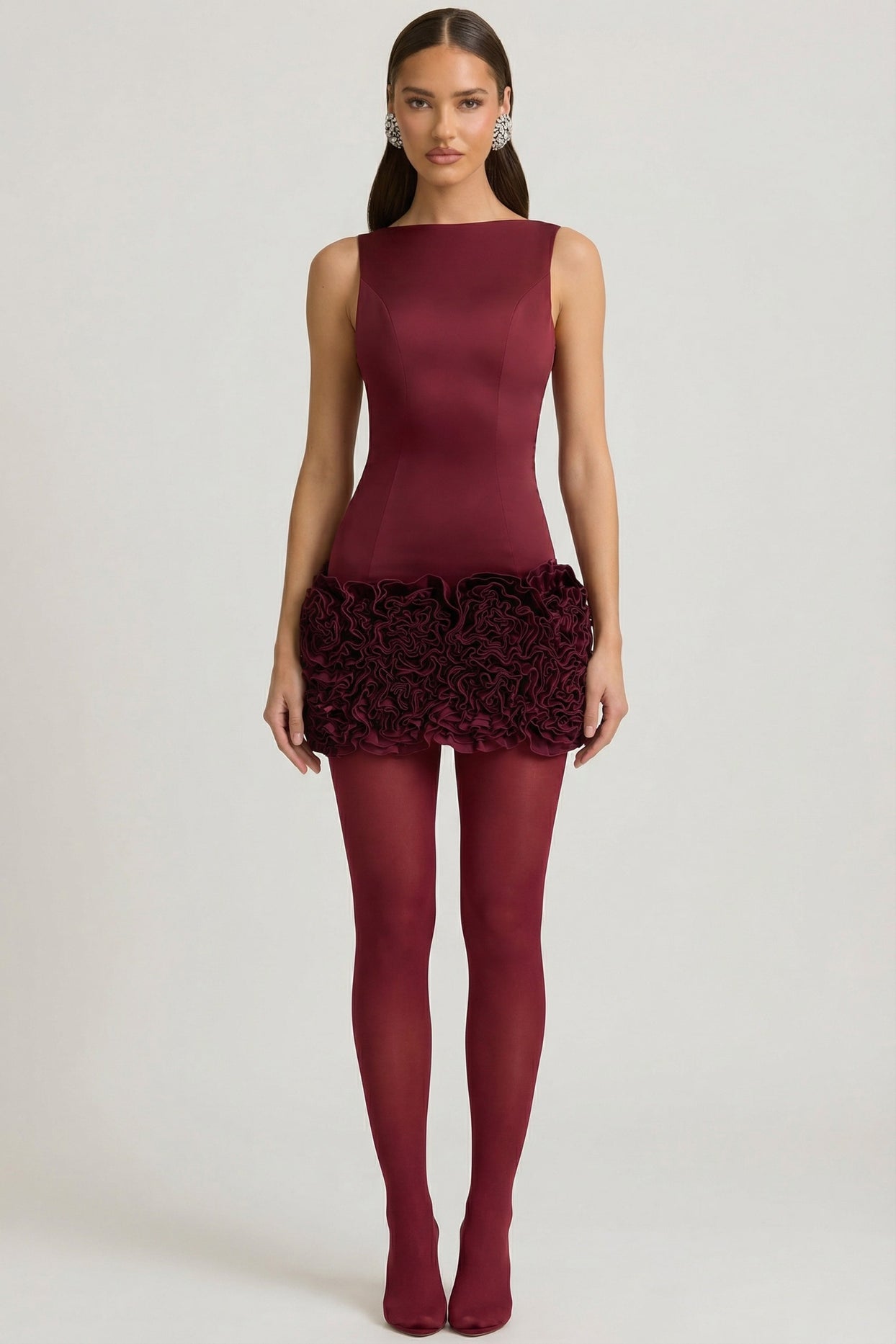 Satin Floral Appliqué Open-Back Mini Dress in Wine Red - 5