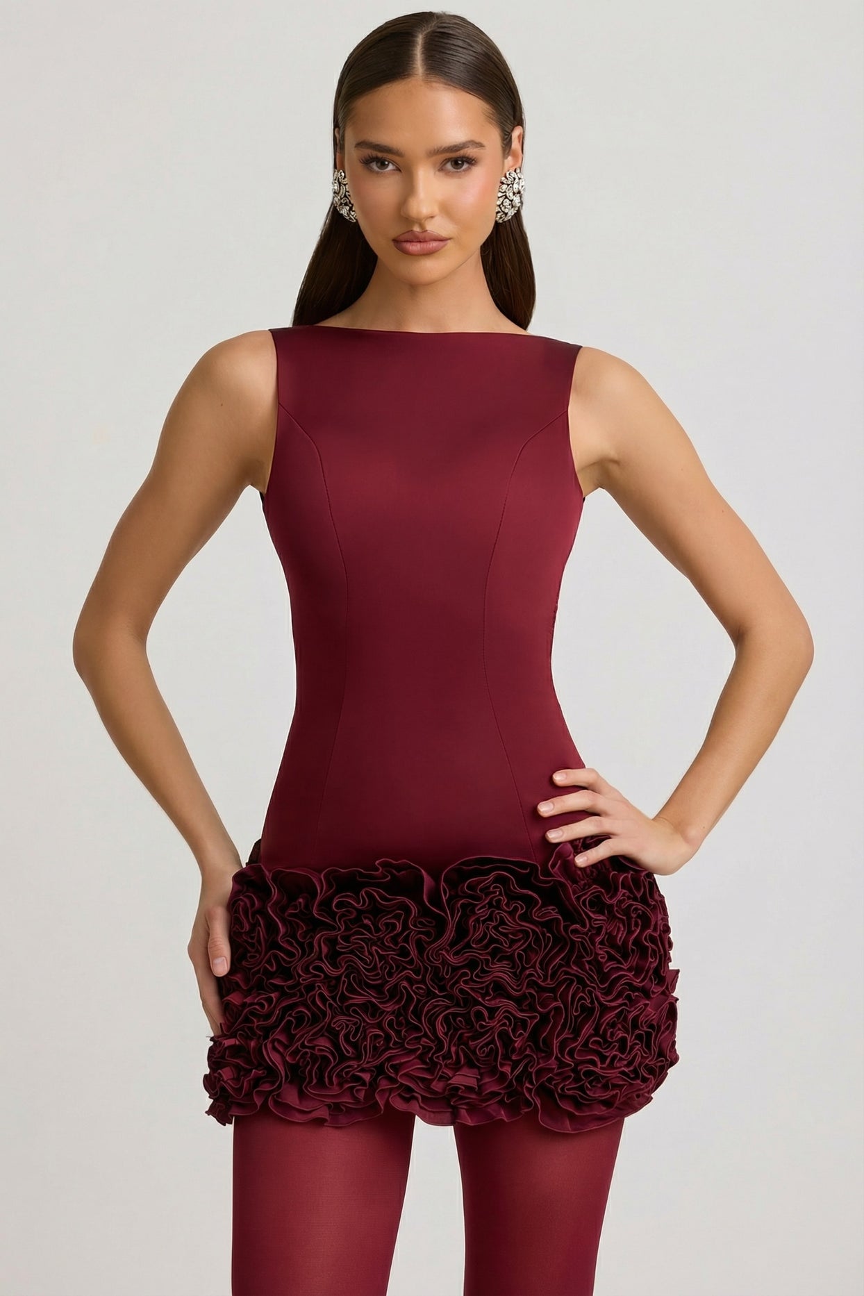 Satin Floral Appliqué Open-Back Mini Dress in Wine Red - 6
