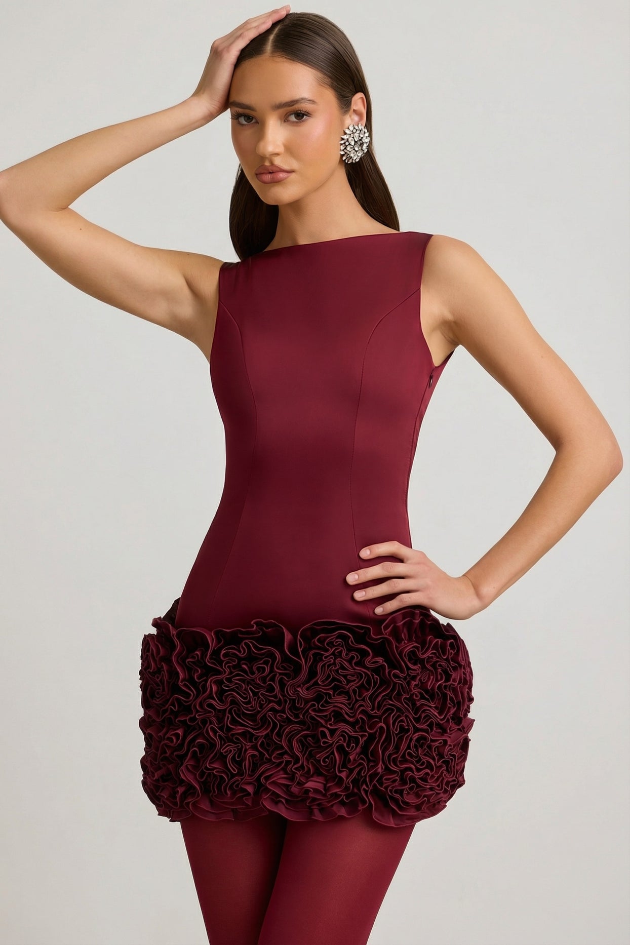 Satin Floral Appliqué Open-Back Mini Dress in Wine Red - 7