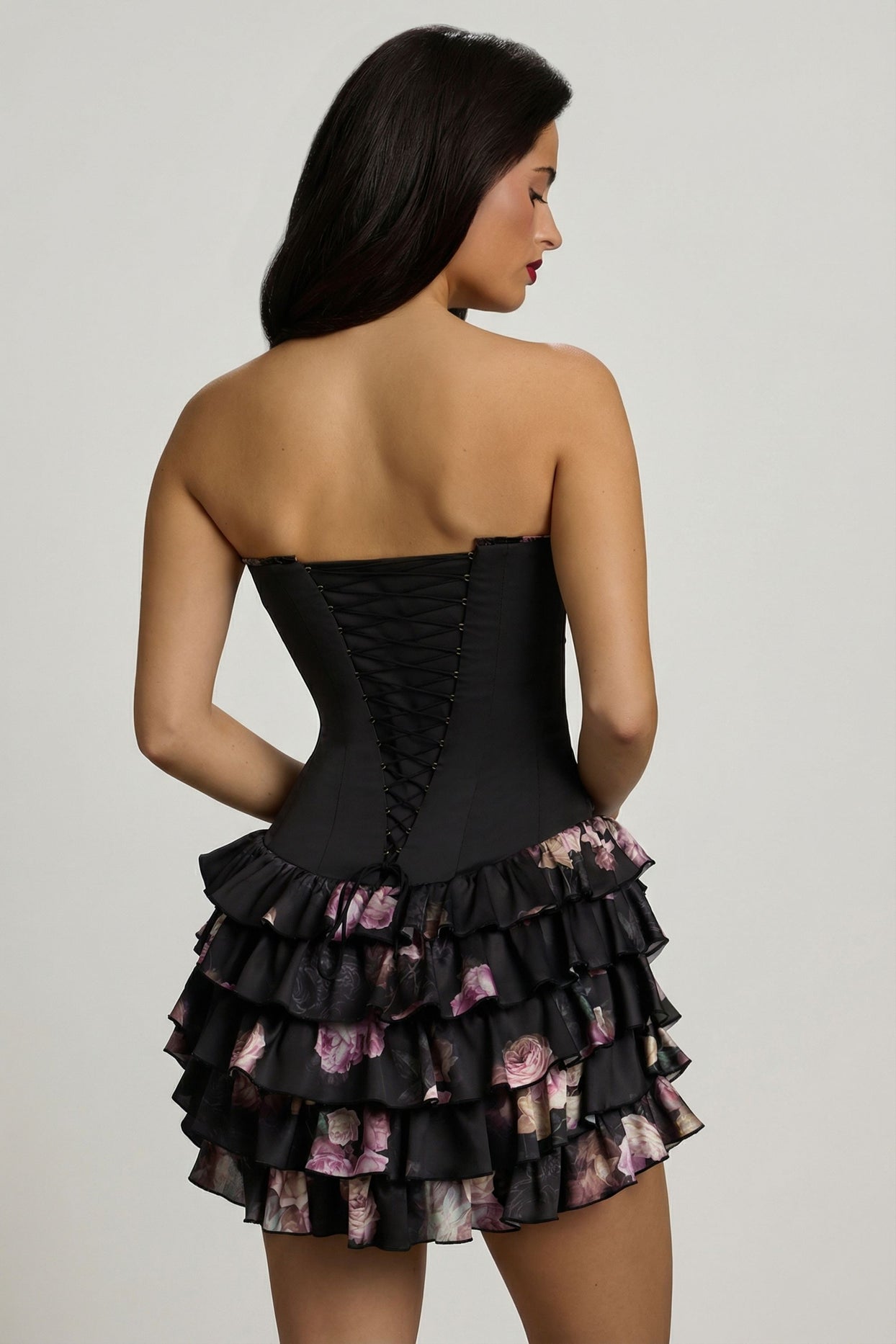 Strapless Ruffled Tiered Corset Mini Dress in Black Floral Print - 14