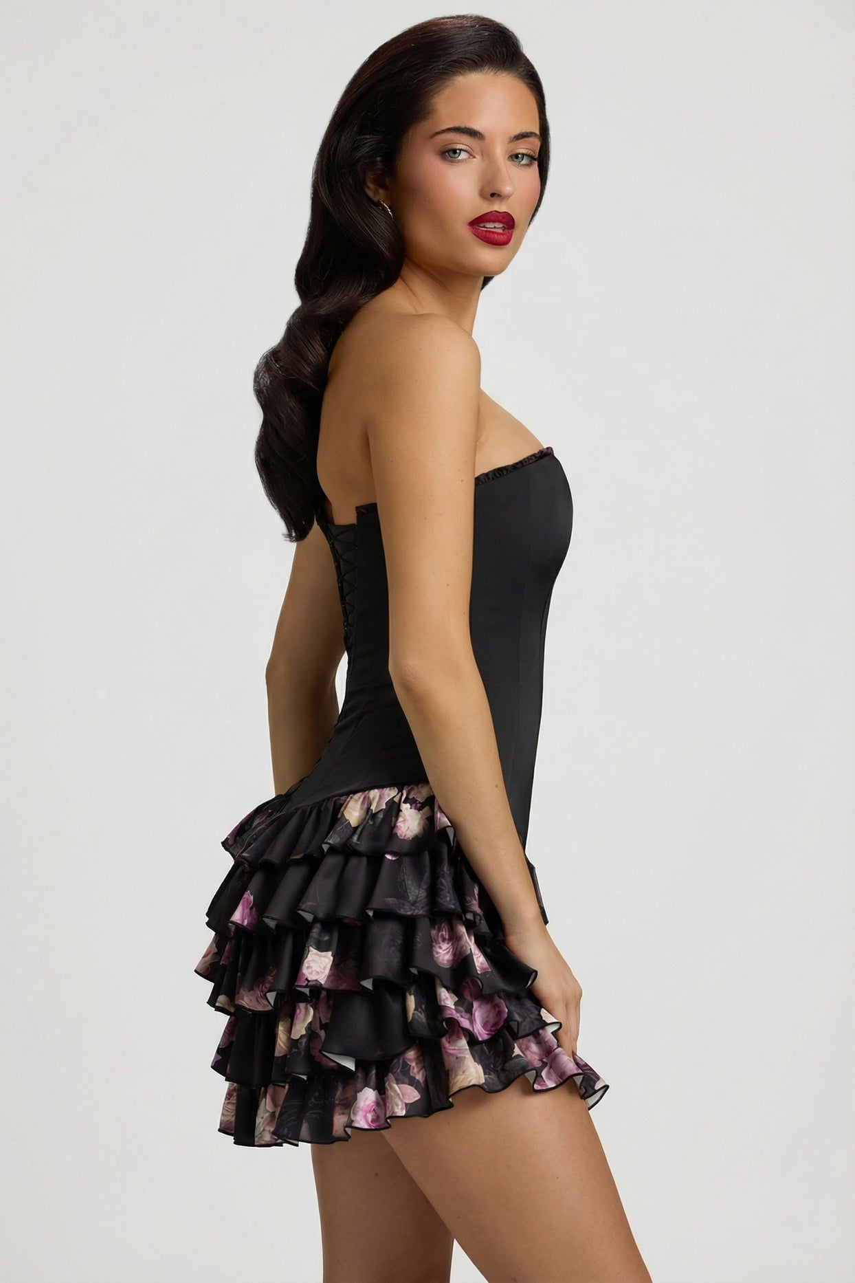 Strapless Ruffled Tiered Corset Mini Dress in Black Floral Print - 11
