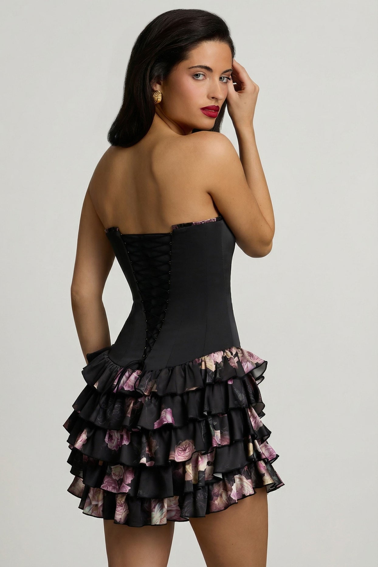 Strapless Ruffled Tiered Corset Mini Dress in Black Floral Print - 10