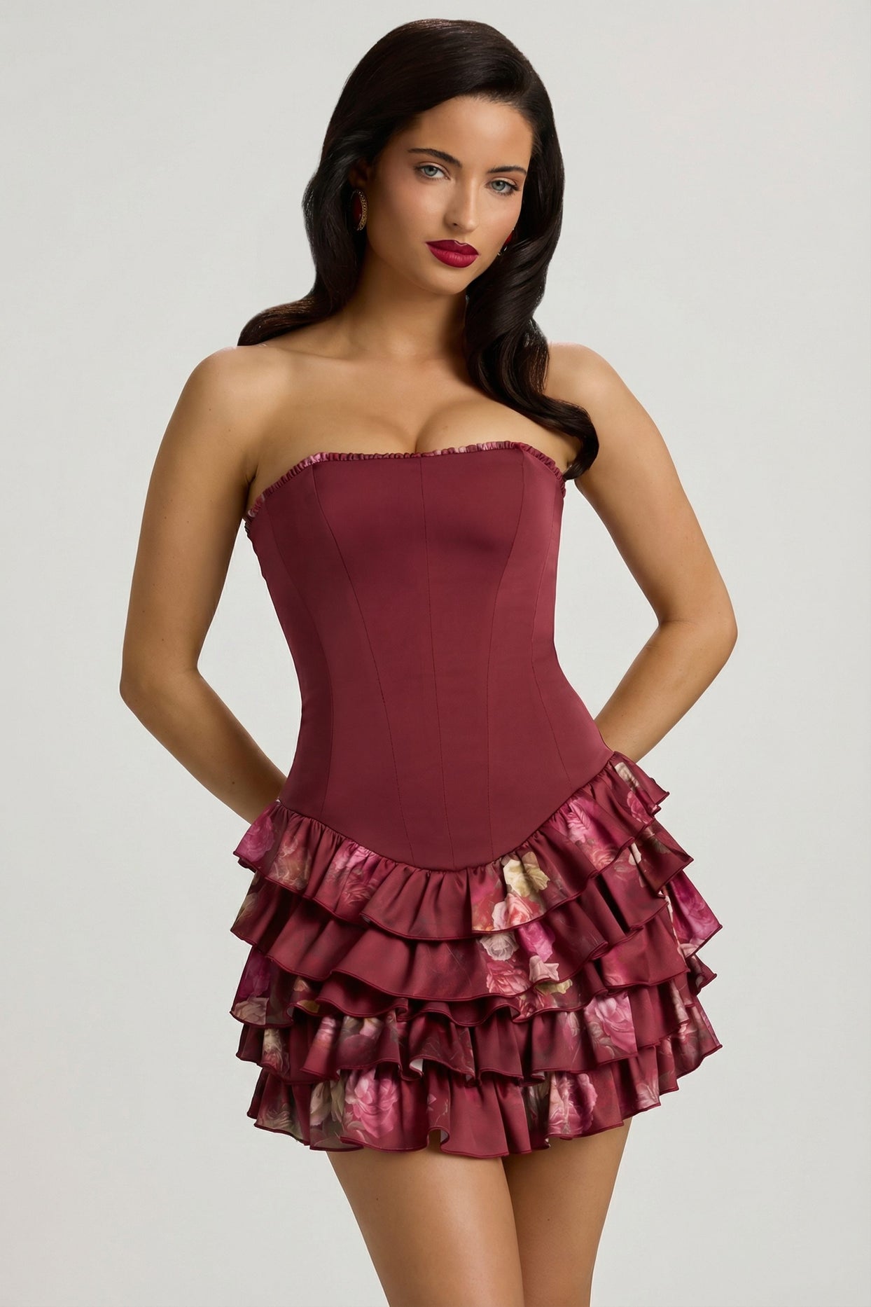 Strapless Ruffled Tiered Corset Mini Dress in Maroon Floral Print - 9