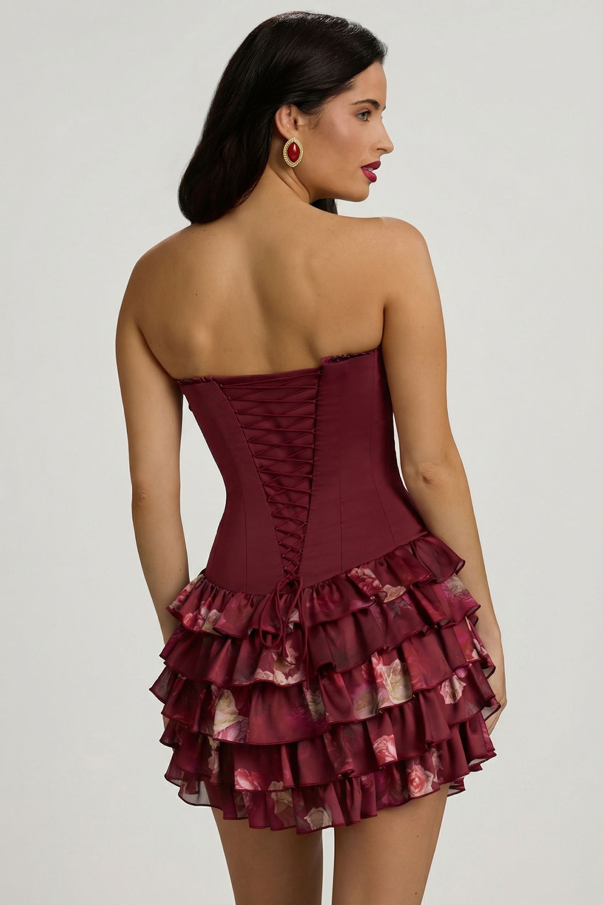 Strapless Ruffled Tiered Corset Mini Dress in Maroon Floral Print - 15