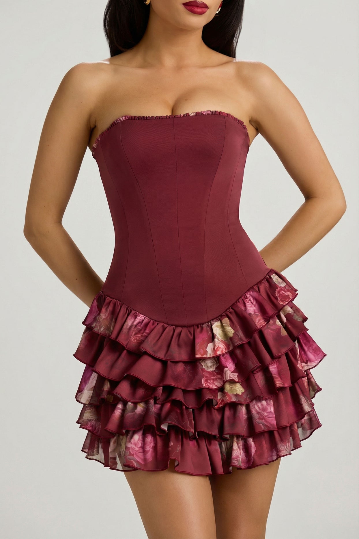 Strapless Ruffled Tiered Corset Mini Dress in Maroon Floral Print - 12