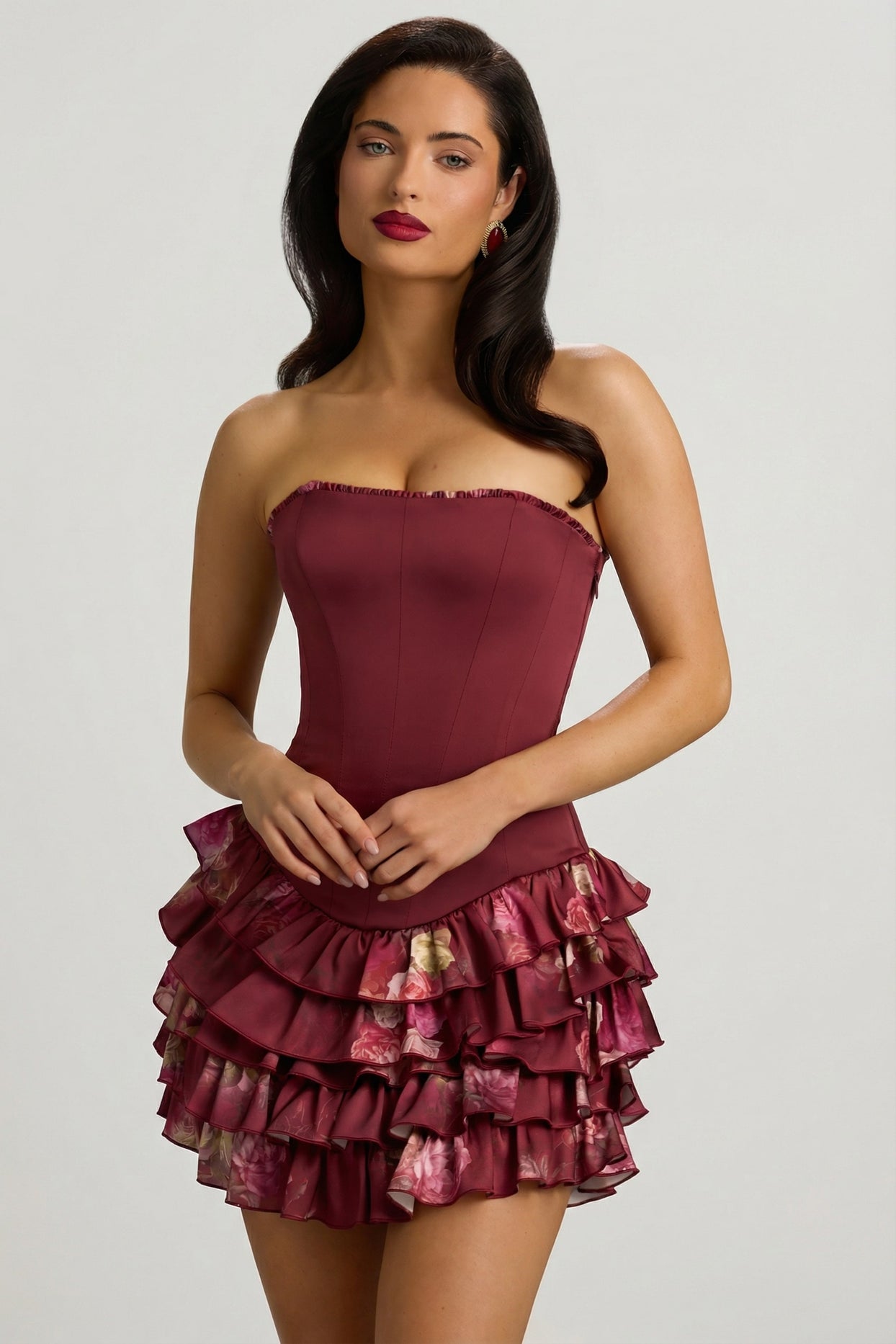 Strapless Ruffled Tiered Corset Mini Dress in Maroon Floral Print - 13