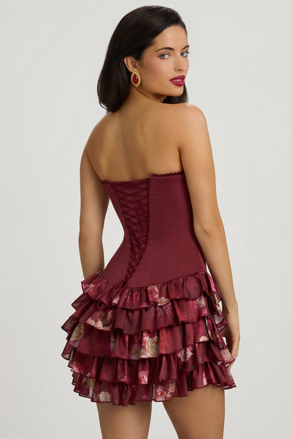 Strapless Ruffled Tiered Corset Mini Dress in Maroon Floral Print - 10