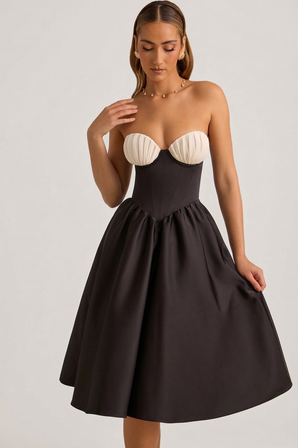 Strapless Corset Midi Dress in Black - 10