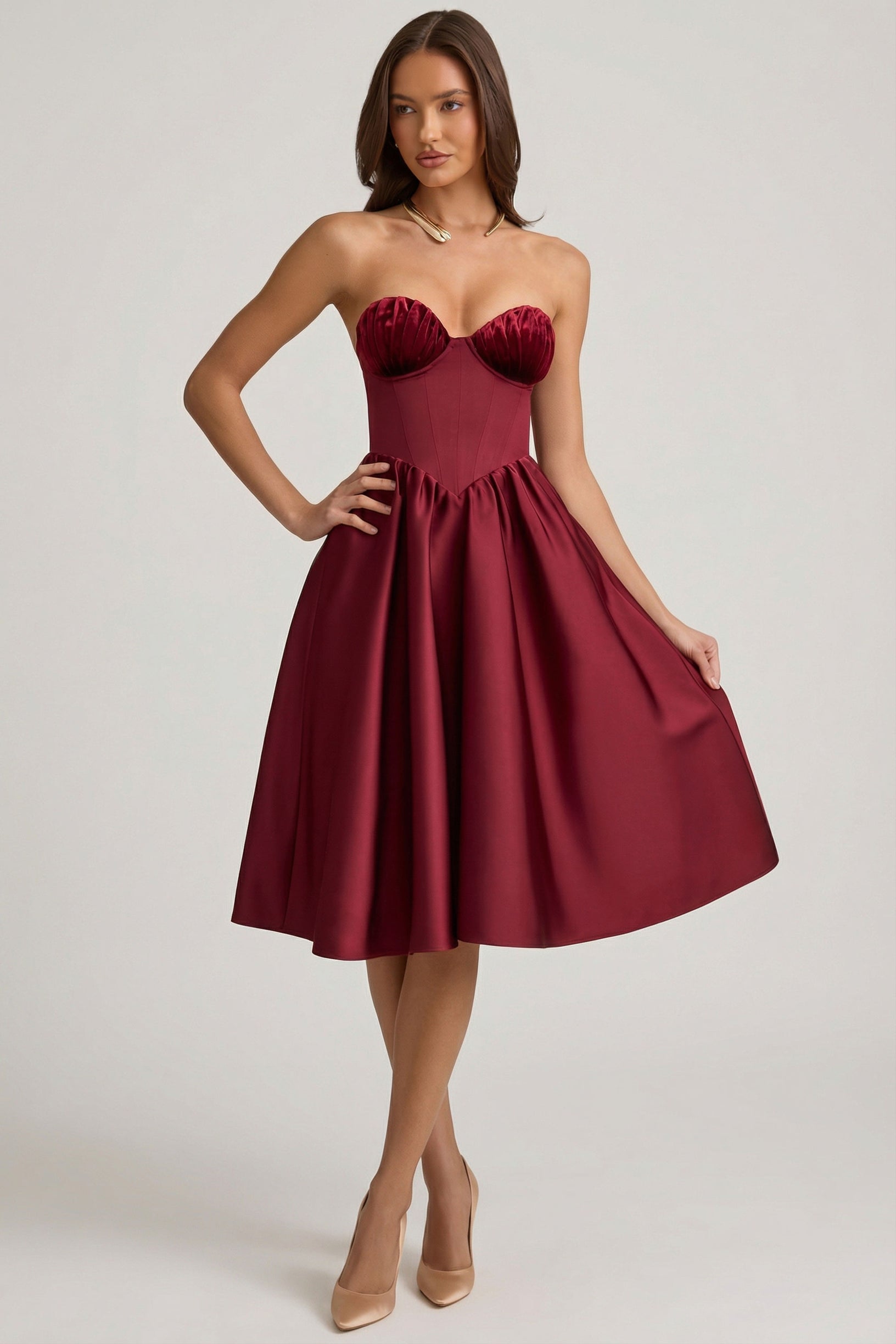 Strapless Corset Midi Dress in Wine Red - 1