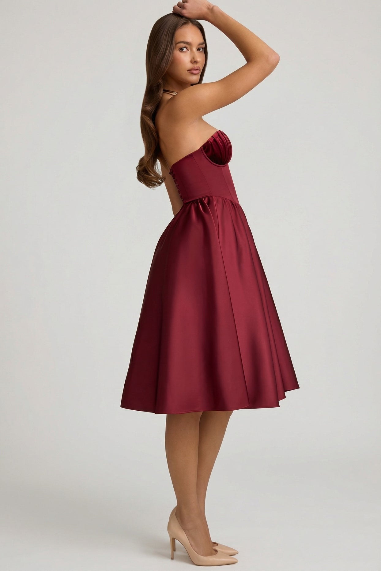 Strapless Corset Midi Dress in Wine Red - 3
