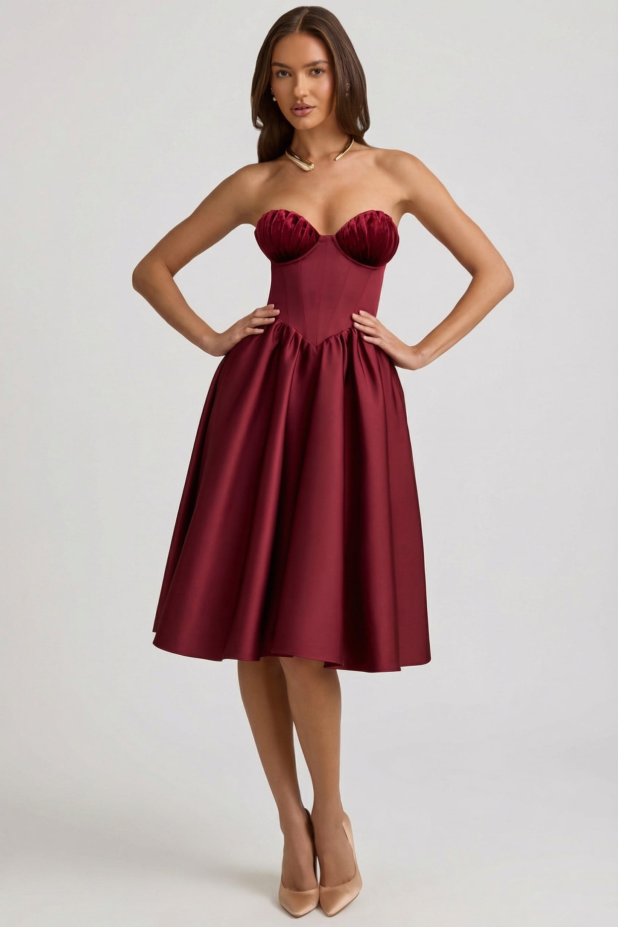 Strapless Corset Midi Dress in Wine Red - 5