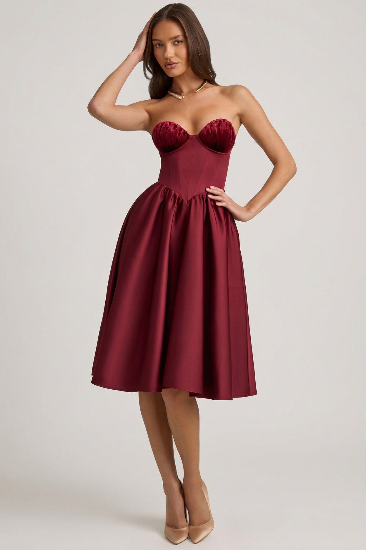 Strapless Corset Midi Dress in Wine Red - 6