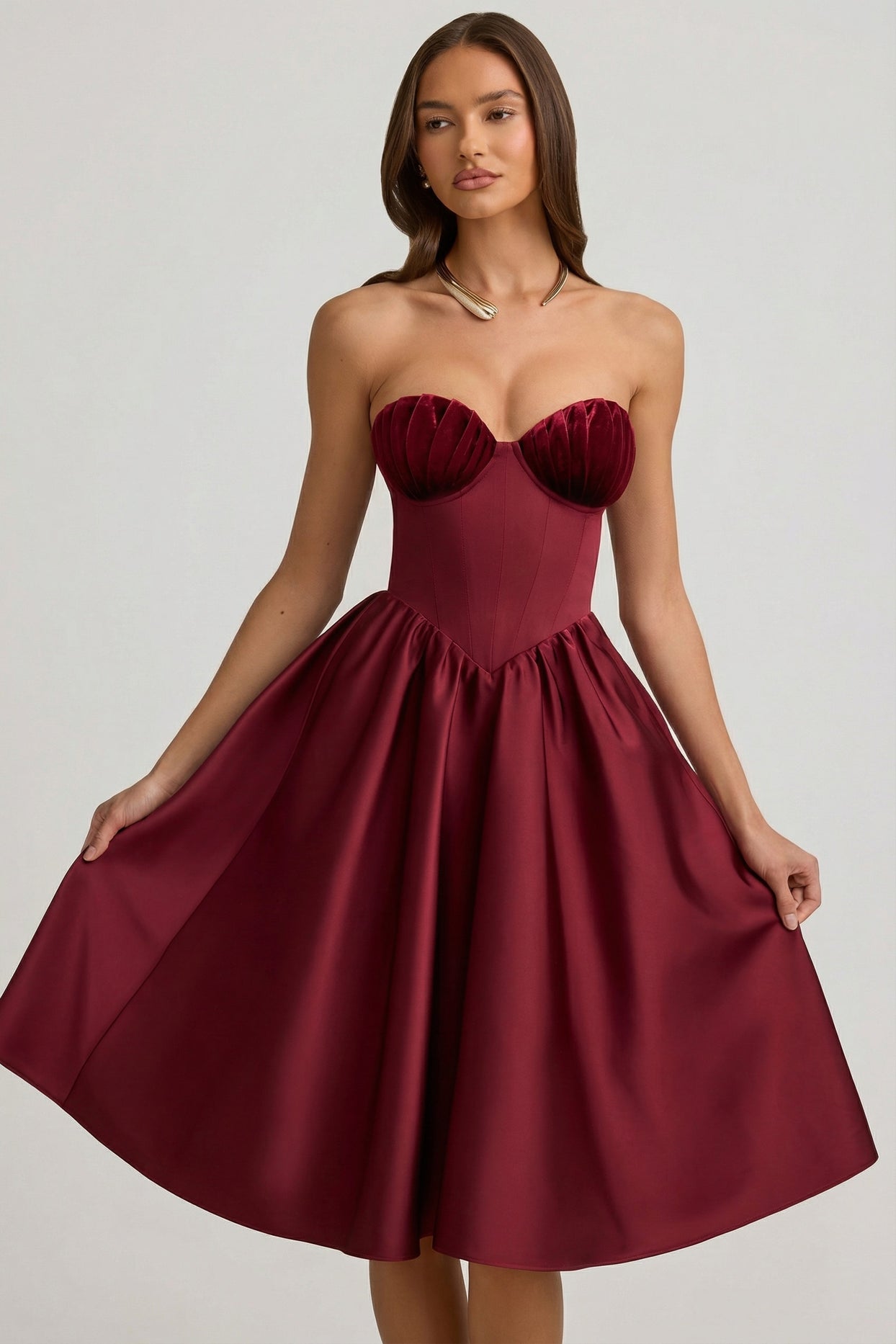 Strapless Corset Midi Dress in Wine Red - 7