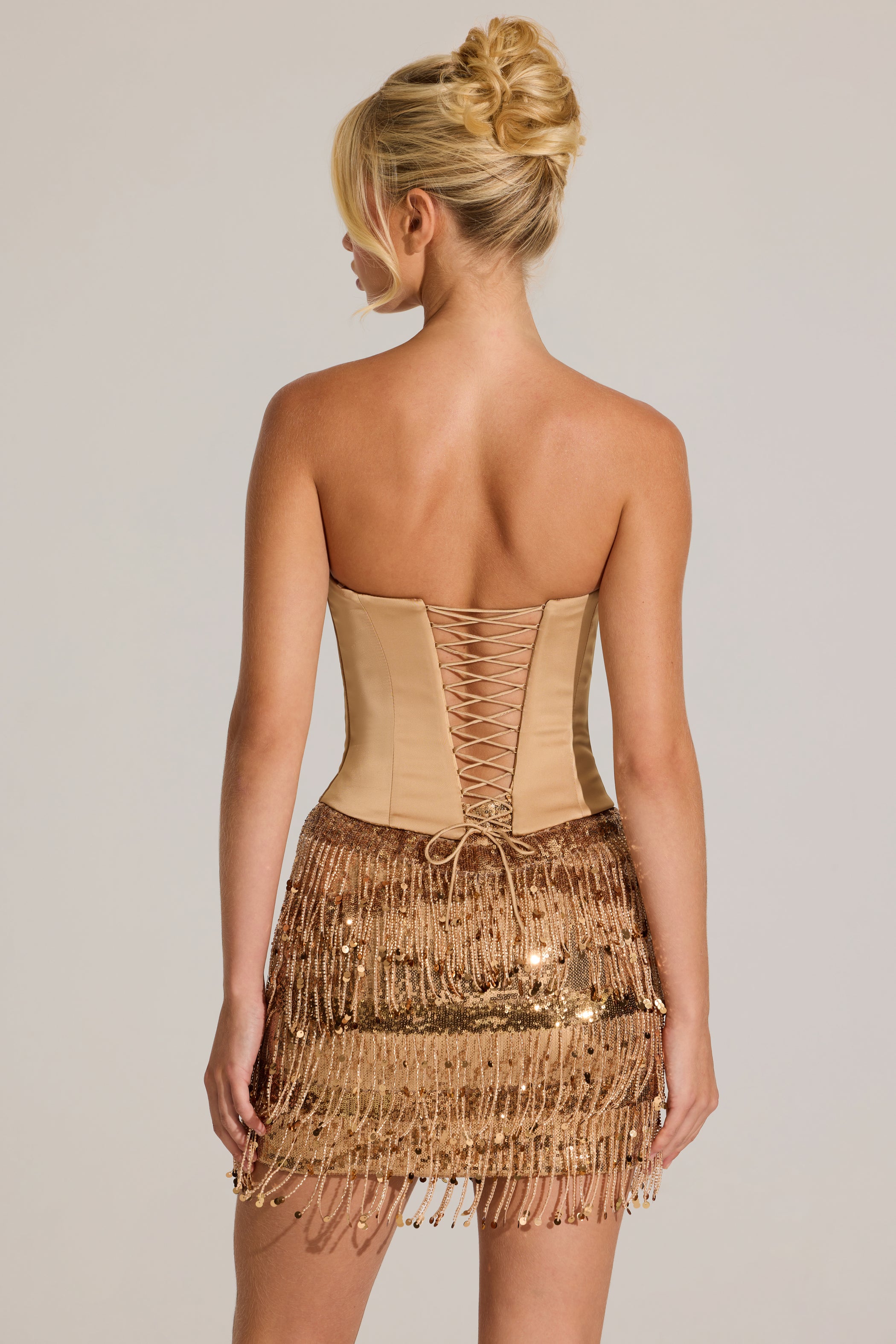 Satin Corset Fringed Mini Dress in Gold