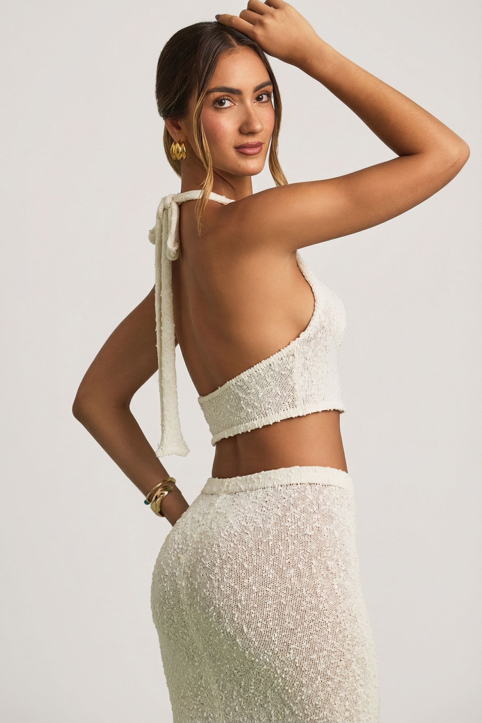Bouclé Halterneck Crop Top in White - 2