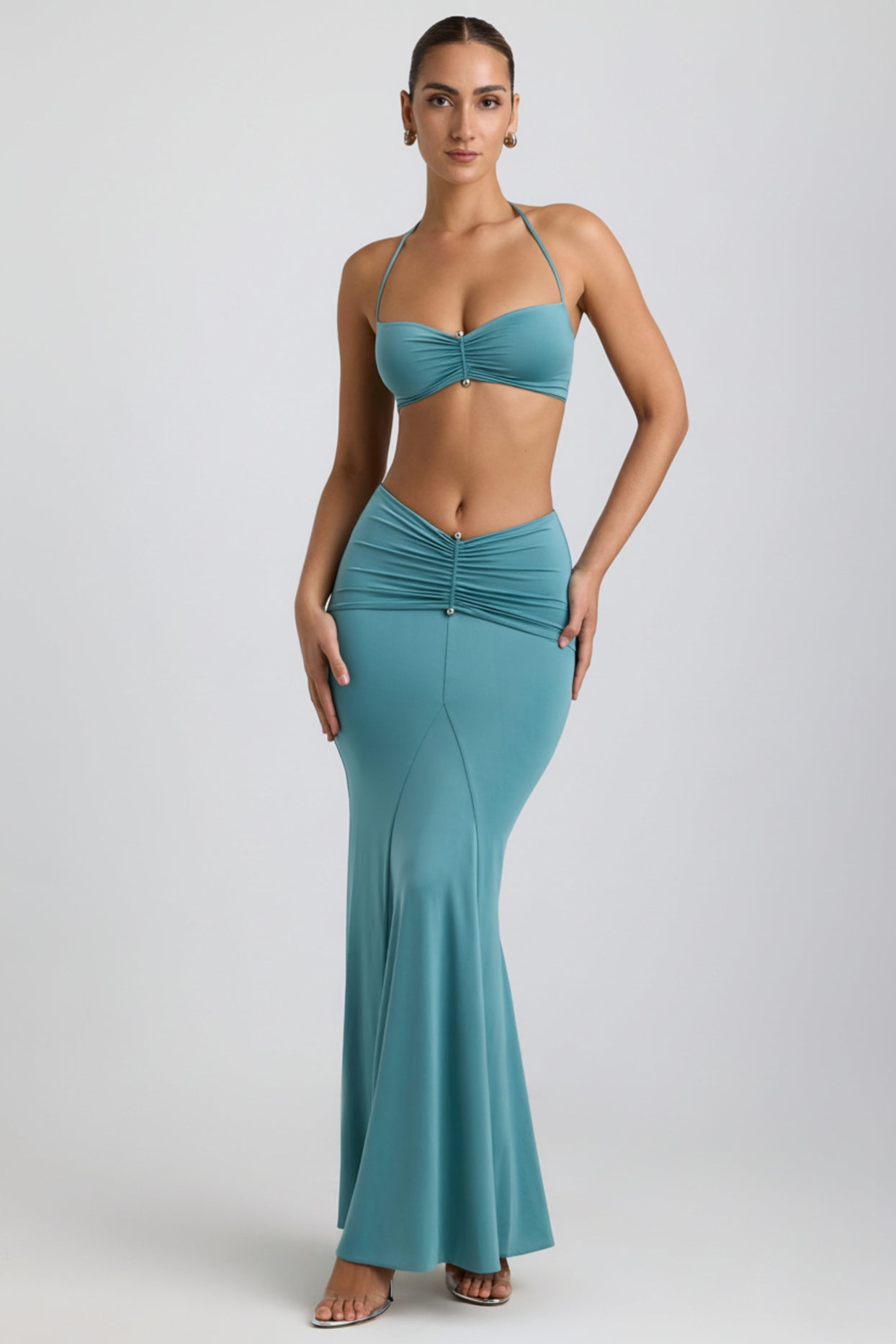 Slinky Jersey Hardware Detail Maxi Skirt in Sea Green - 1
