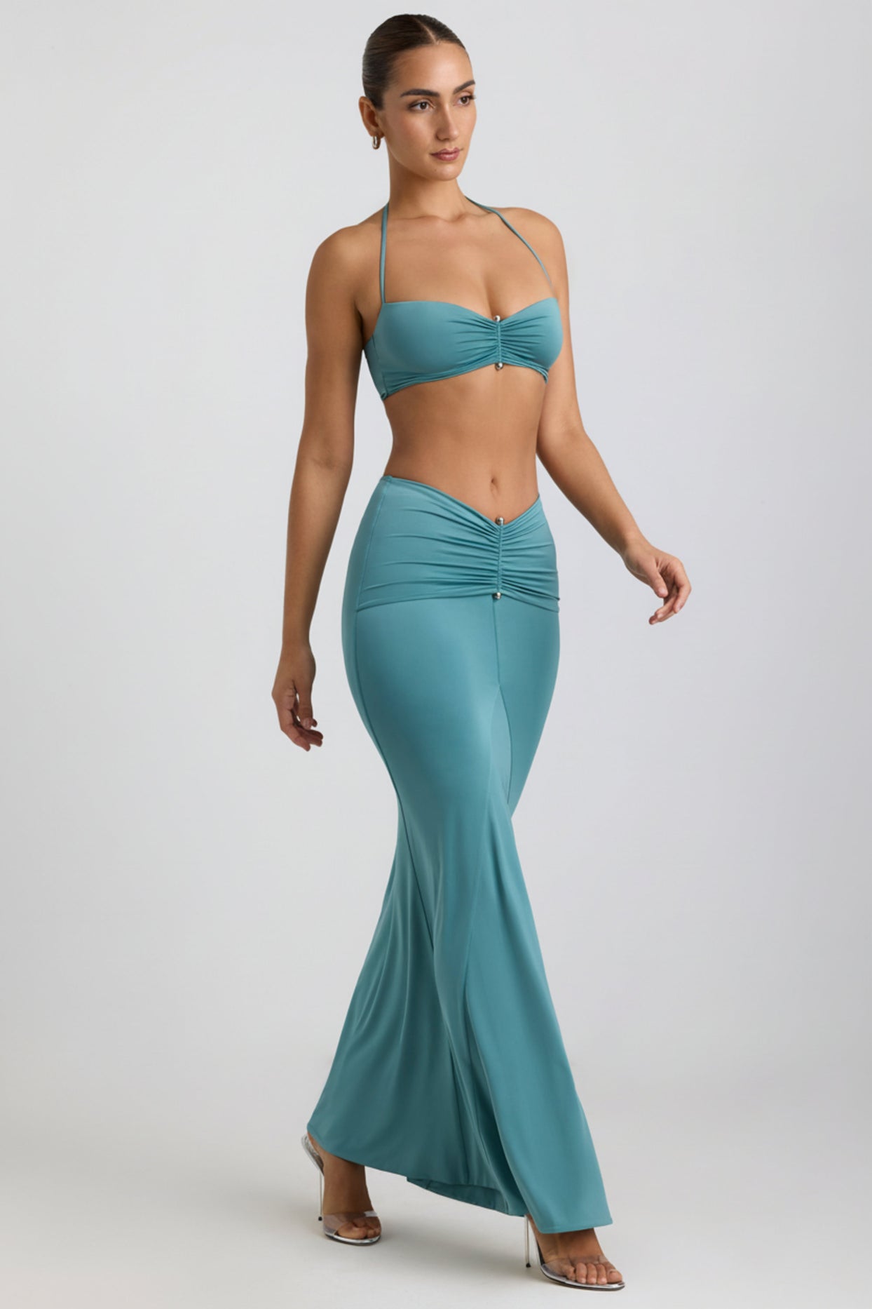Slinky Jersey Hardware Detail Maxi Skirt in Sea Green - 5