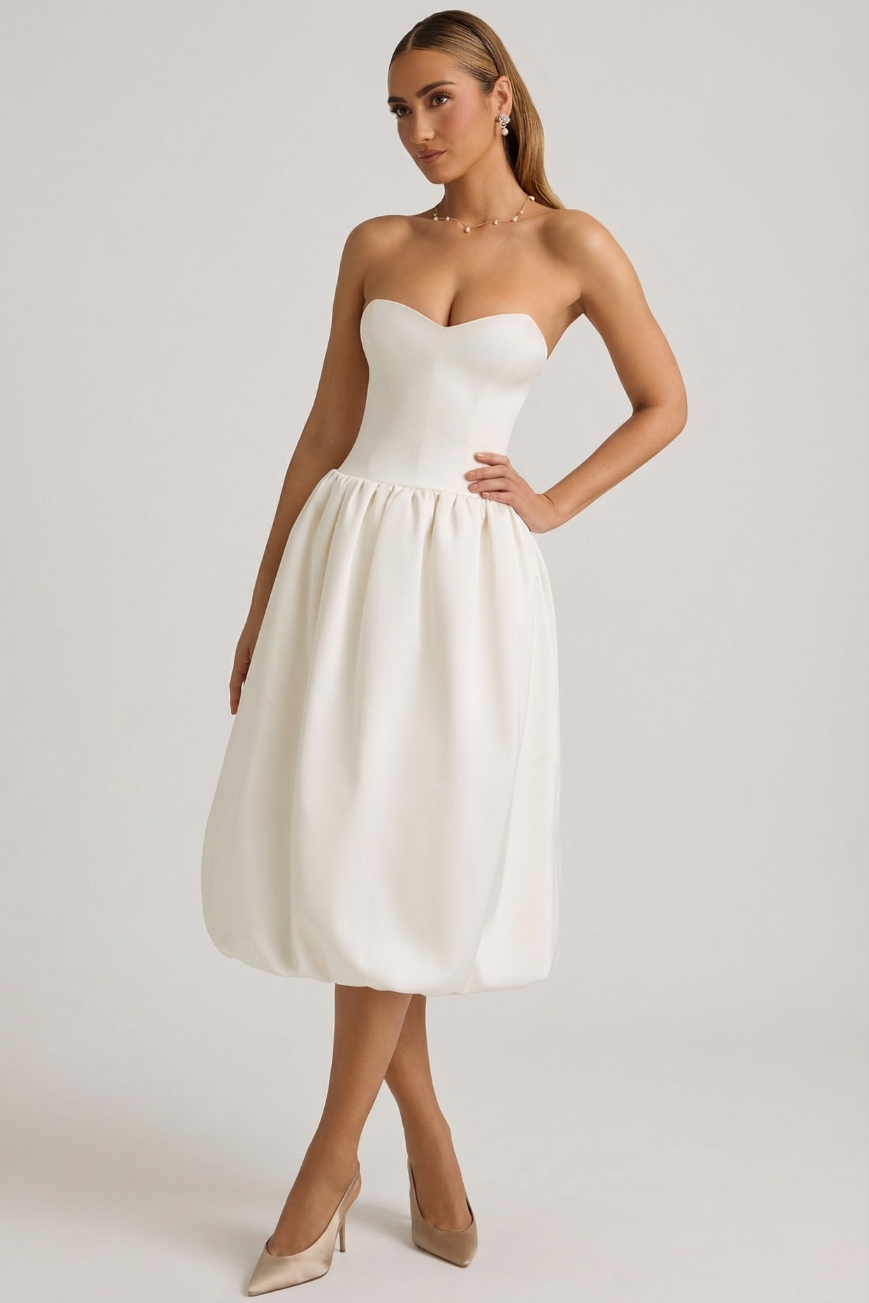 Convertible Bow-Detail Bubble Hem Midaxi Dress in Ivory - 5