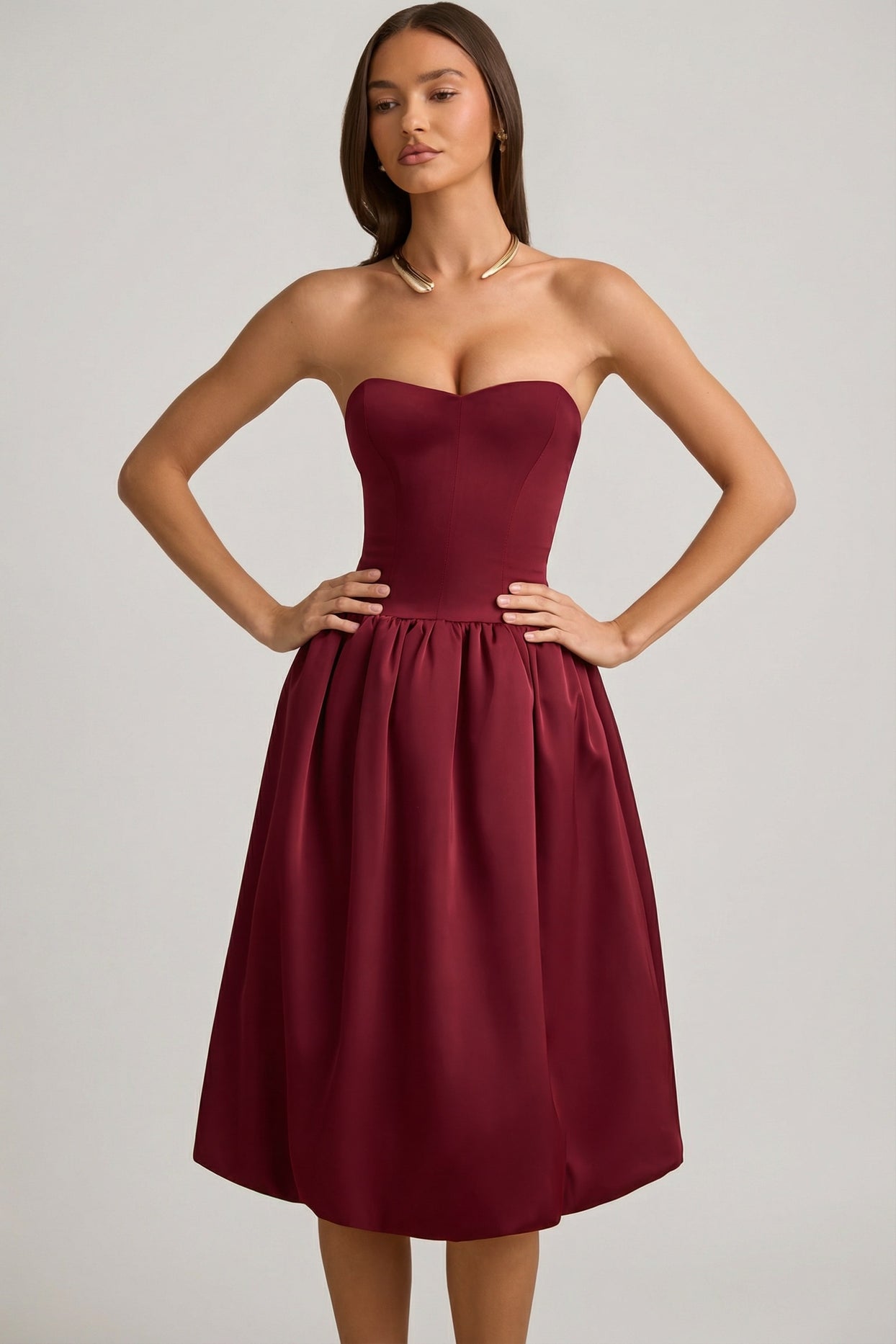 Convertible Bow-Detail Bubble Hem Midaxi Dress in Wine Red - 10