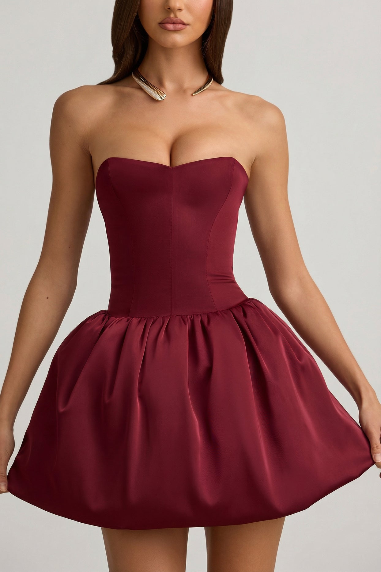 Convertible Bow-Detail Bubble Hem Midaxi Dress in Wine Red - 6