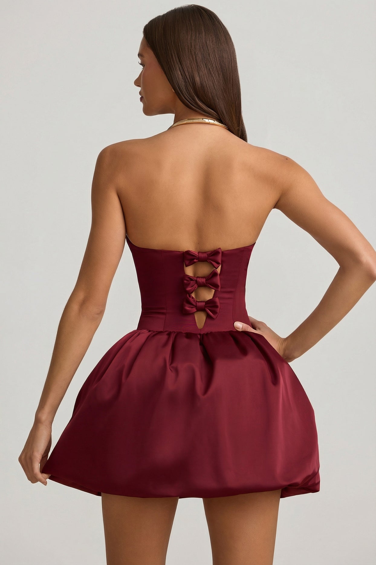 Convertible Bow-Detail Bubble Hem Midaxi Dress in Wine Red - 7