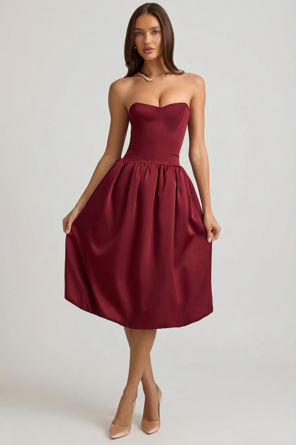 Convertible Bow-Detail Bubble Hem Midaxi Dress in Wine Red - 9
