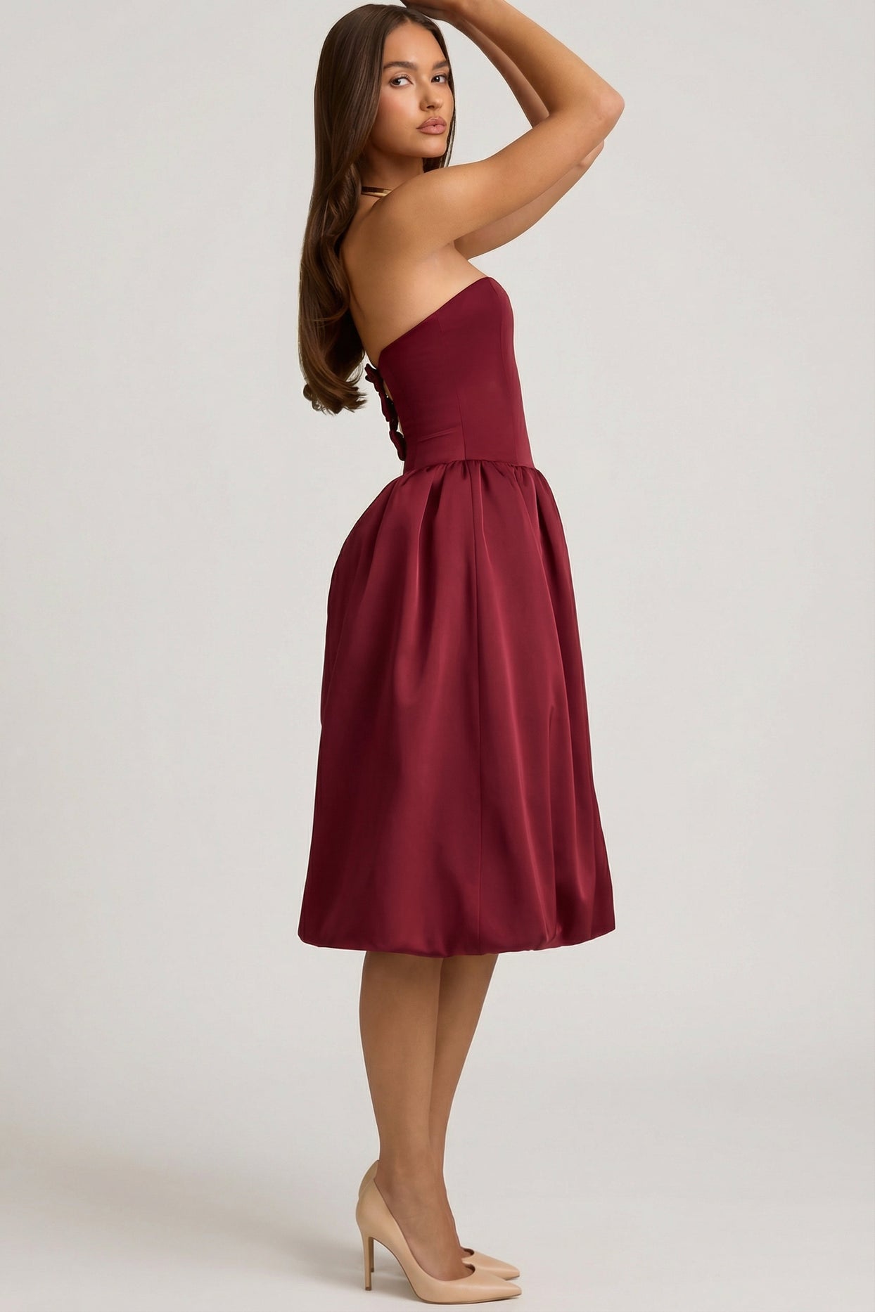 Convertible Bow-Detail Bubble Hem Midaxi Dress in Wine Red - 11