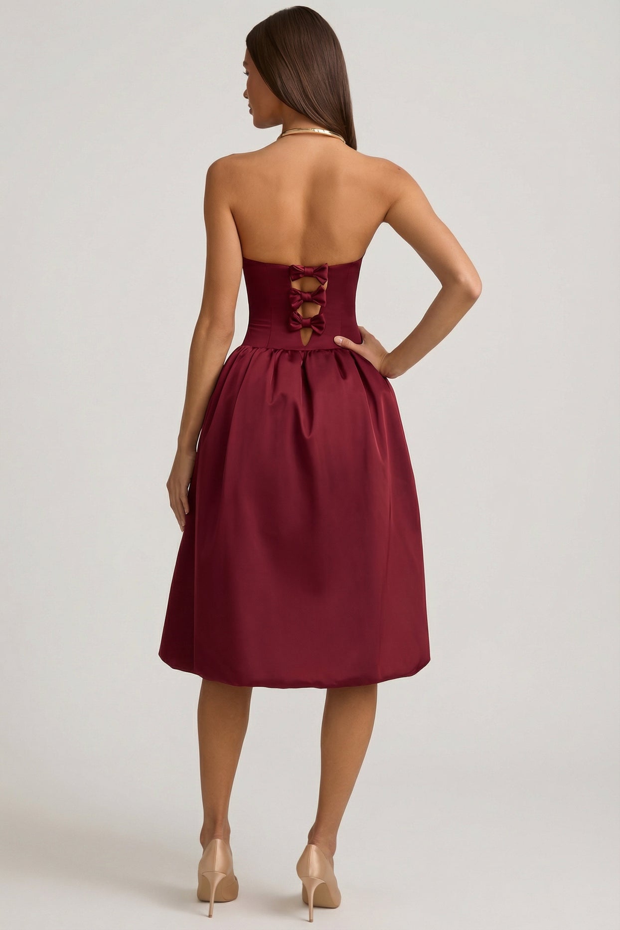 Convertible Bow-Detail Bubble Hem Midaxi Dress in Wine Red - 3
