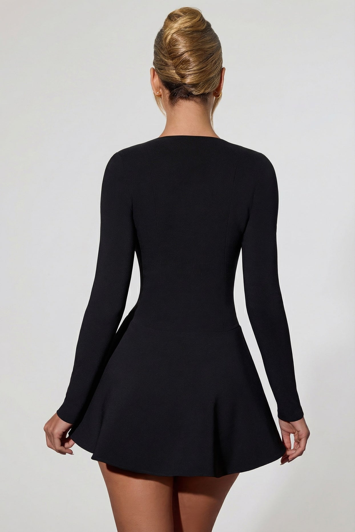 Bow-Detail Plunge-Neck A-Line Mini Dress in Black - 2
