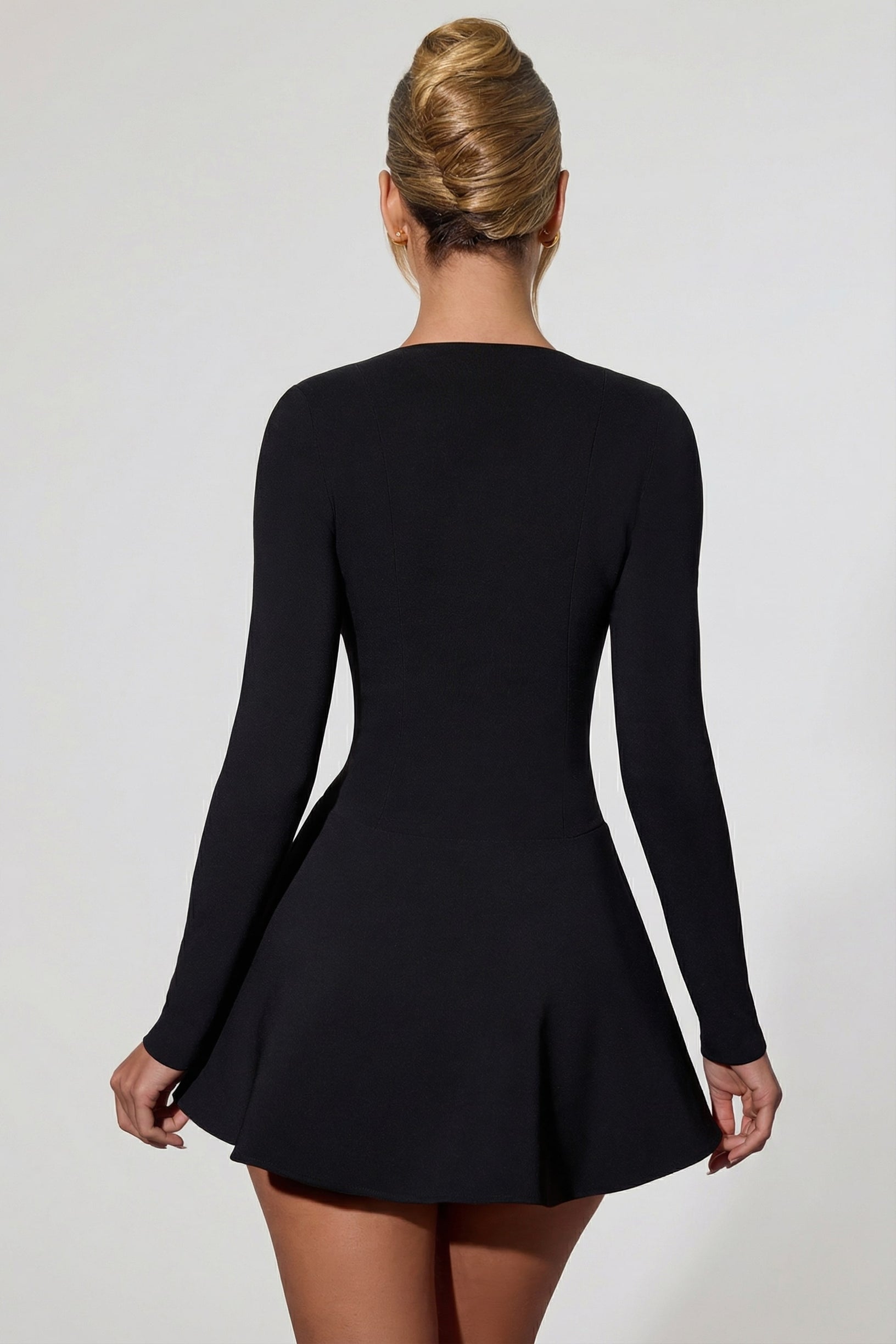 Bow-Detail Plunge-Neck A-Line Mini Dress in Black - 2